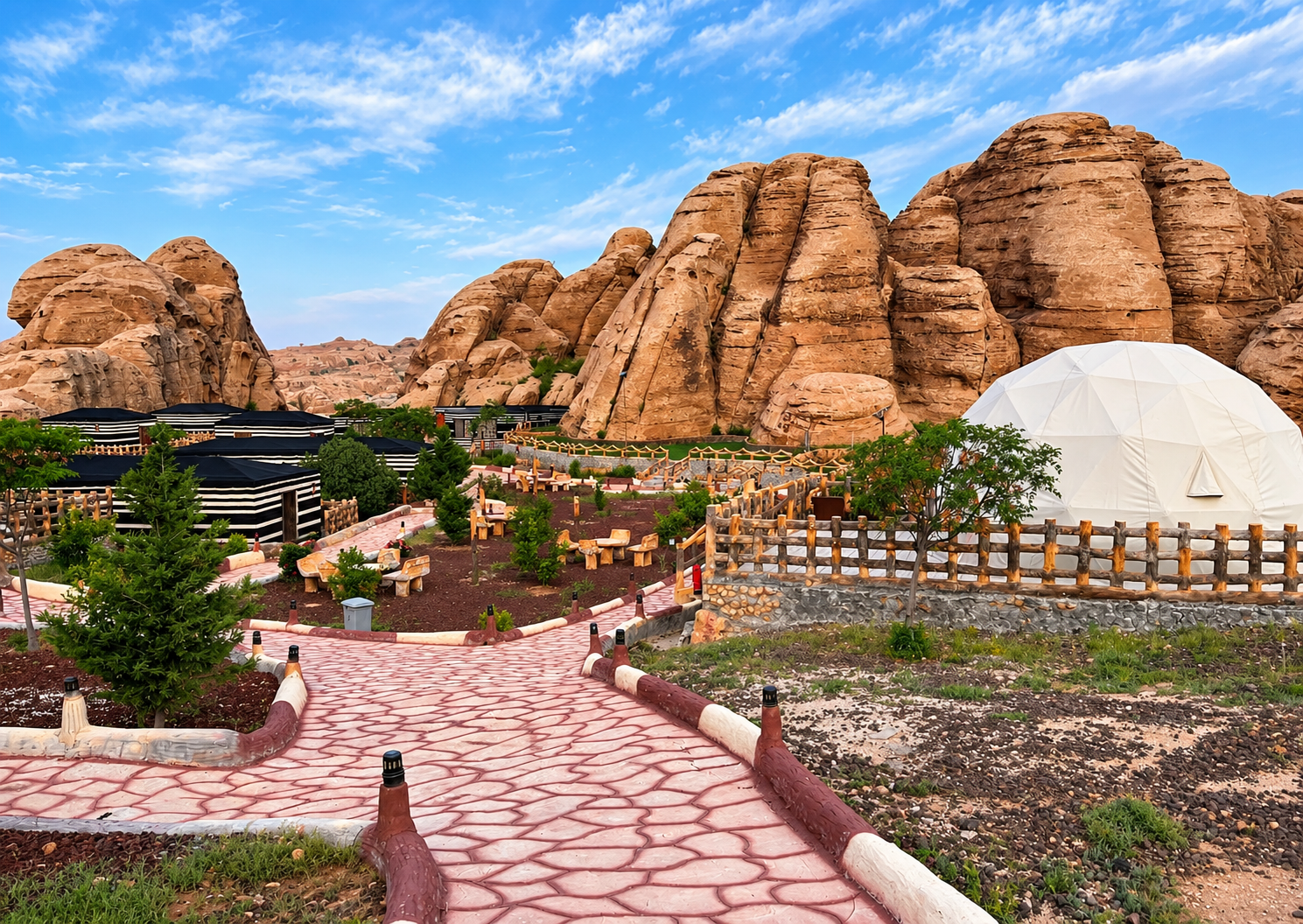 Desert Resort with Geodesic Dome at Seven Wonders Luxury Camp Petra Geodesic dome surrounded by rocky desert landscape at Seven Wonders Luxury Camp Petra