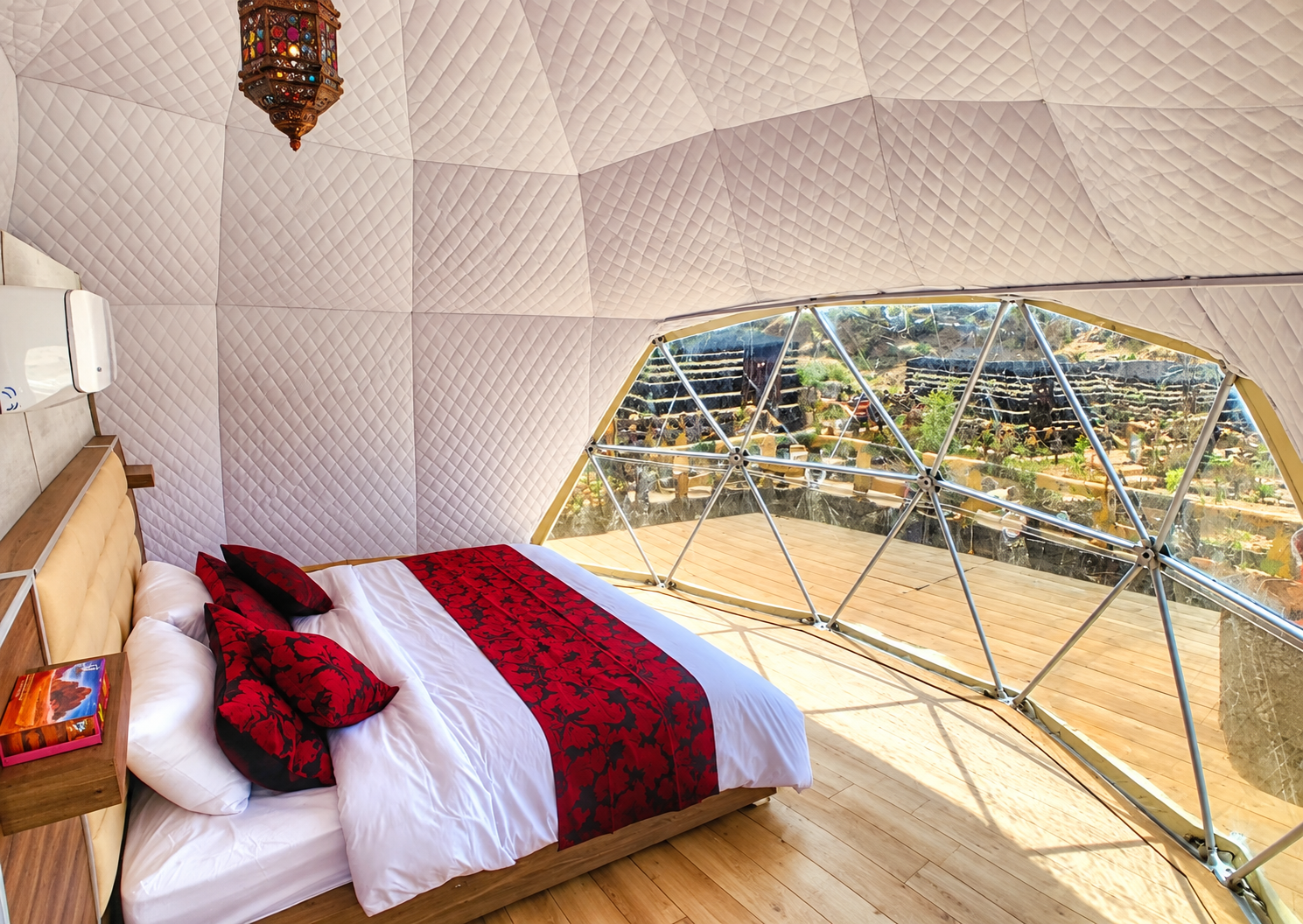 Luxurious Geodesic Dome Bedroom from Seven Wonders Luxury Camp Petra Geodesic dome bedroom with panoramic view from Seven Wonders Luxury Camp Petra