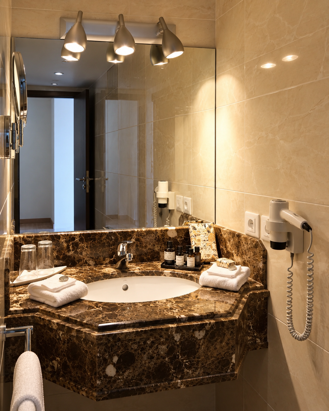 Elegant Hotel Bathroom with Marble Countertop and Modern Amenities at Riverside Hotel Cairo A luxurious bathroom with a dark marble counter, white sink, large mirror, and warm lighting, featuring towels and toiletries at Riverside Hotel Cairo