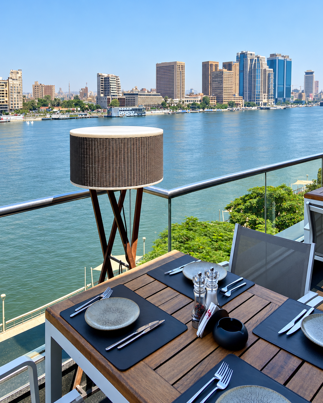 Outdoor dining table overlooking the Nile River and Cairo skyline  at Crimson Zamalek Cairo