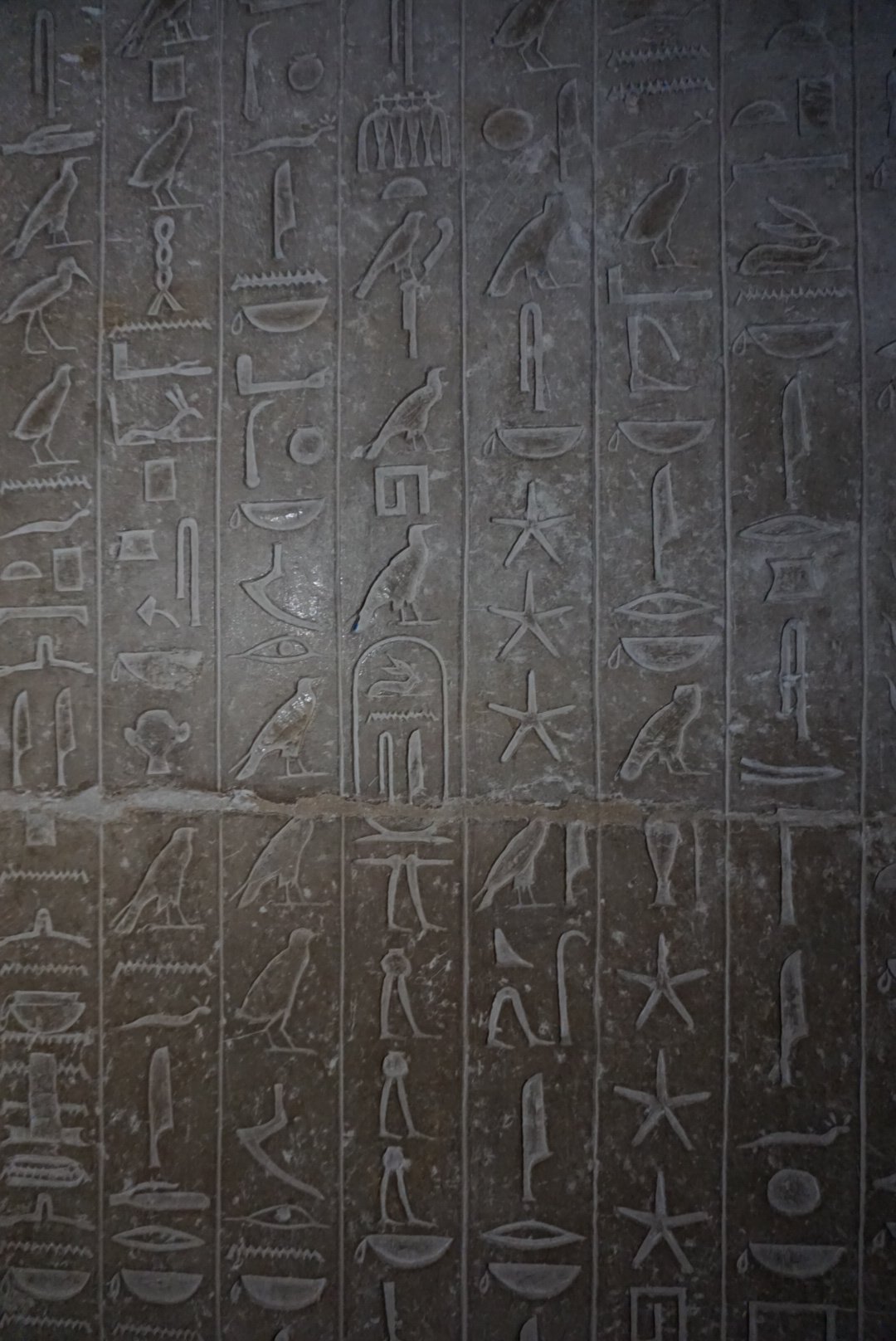 Detailed view of hieroglyphs carved into a stone wall in Saqqara, Egypt. Close-up of ancient Egyptian hieroglyphs on a stone wall in Saqqara.