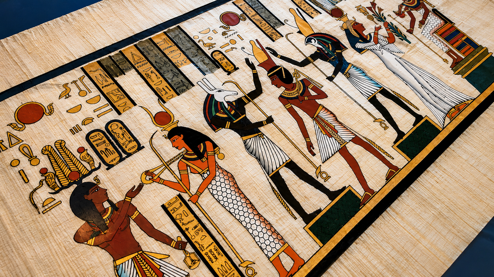 Rosi Ross editorial banner about authentic Egyptian papyrus in Cairo, ancient craftsmanship, Cyperus papyrus, cultural heritage, provenance, and slow luxury collecting.