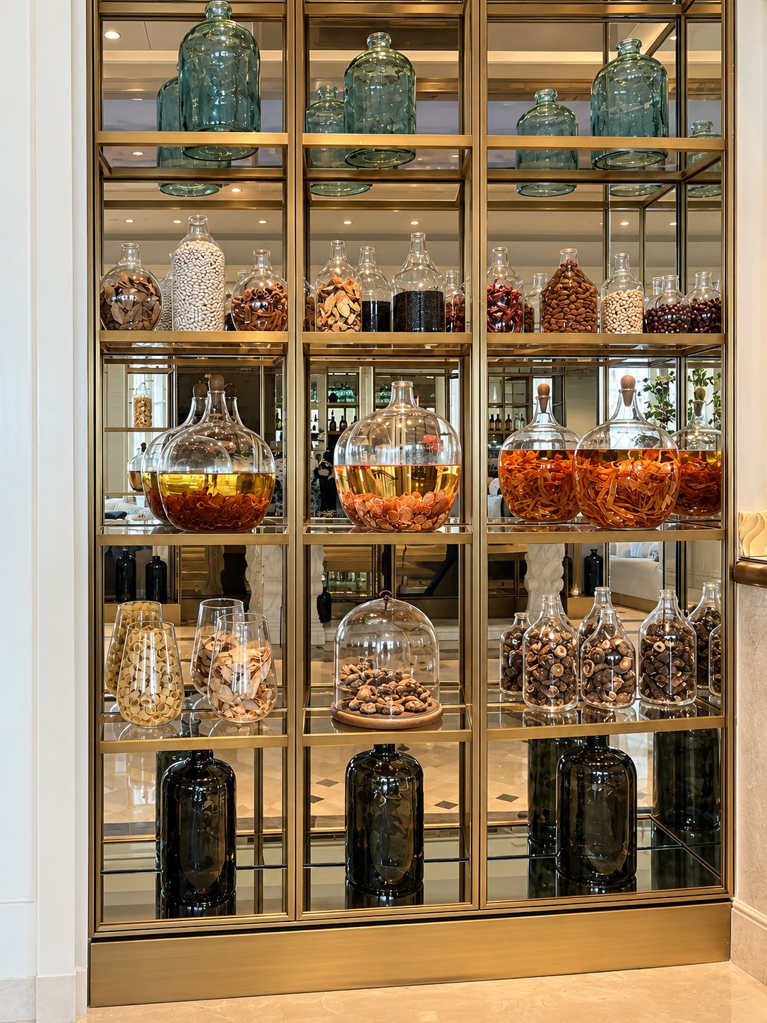 Elegant display shelf with jars of spices and dried ingredients in a modern kitchen at the Four Seasons Cairo