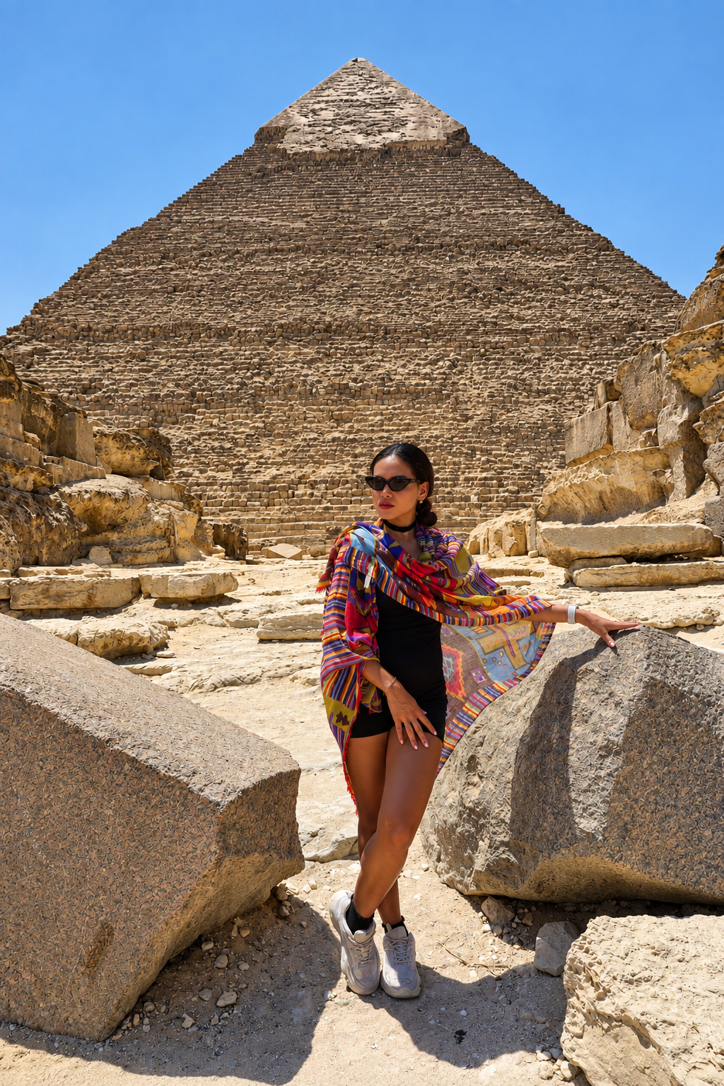 Rosi Ross posing in front of the Great Pyramid of Giza under a clear blue sky. She wears a colorful shawl, black dress, and sunglasses.
