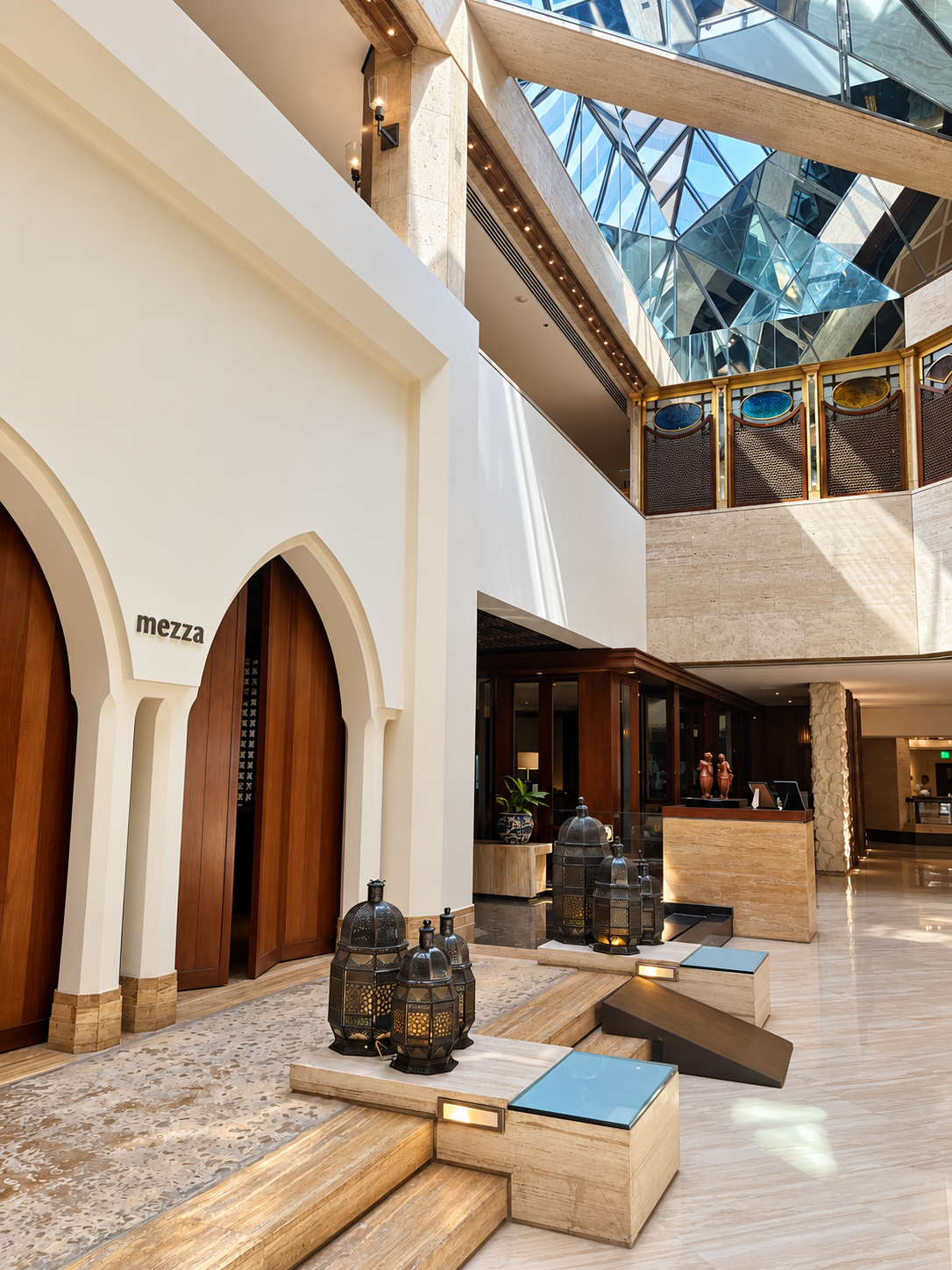 Elegant hotel lobby with modern design and decorative lanterns at the InterContinental Cairo Semiramis