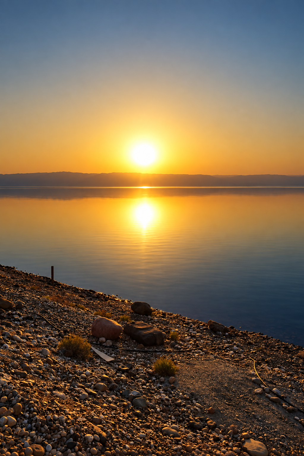 Sunset over the Dead Sea with rocky shoreline