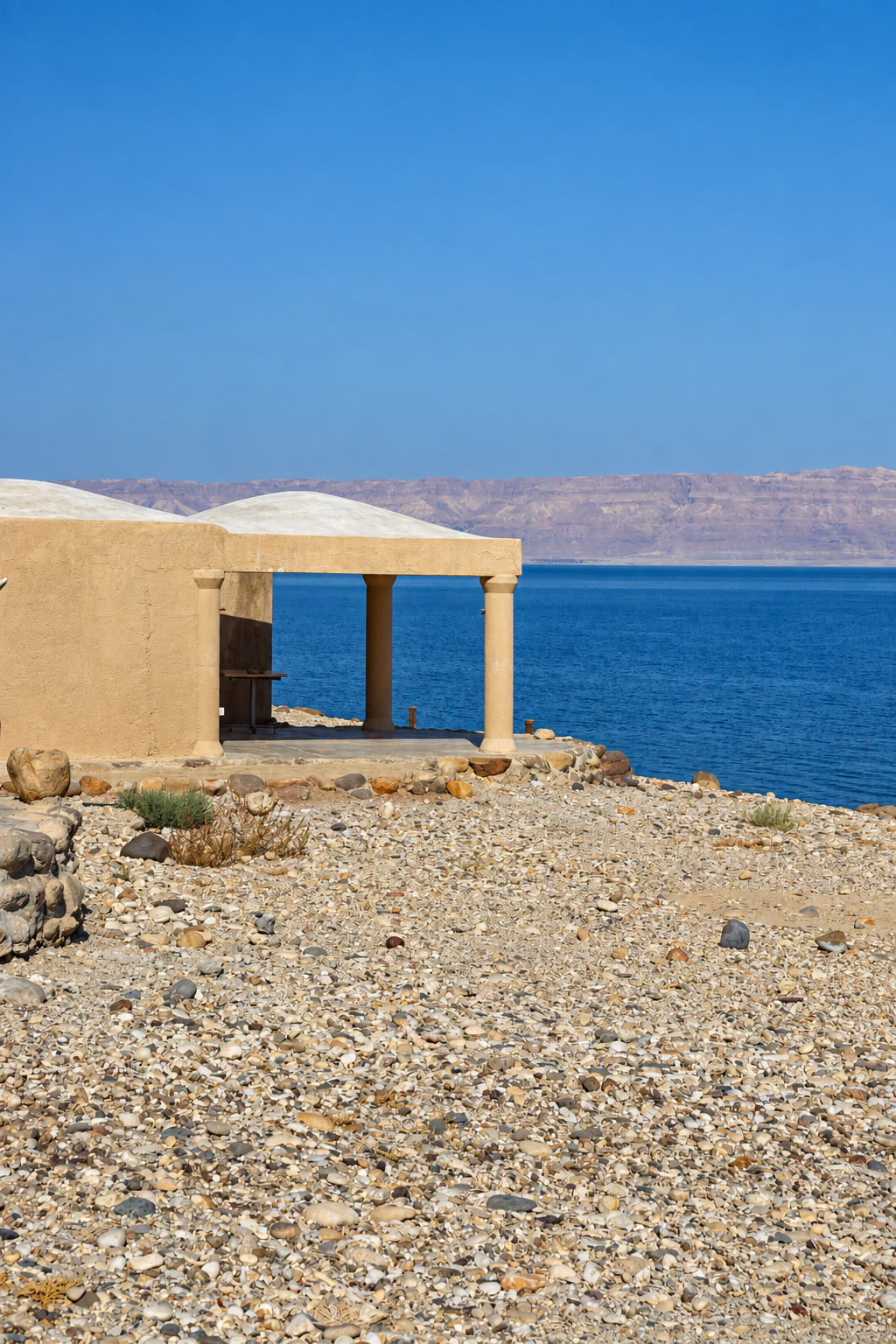Stone chalet by the edge of the Dead Sea with clear blue water and distant mountains.