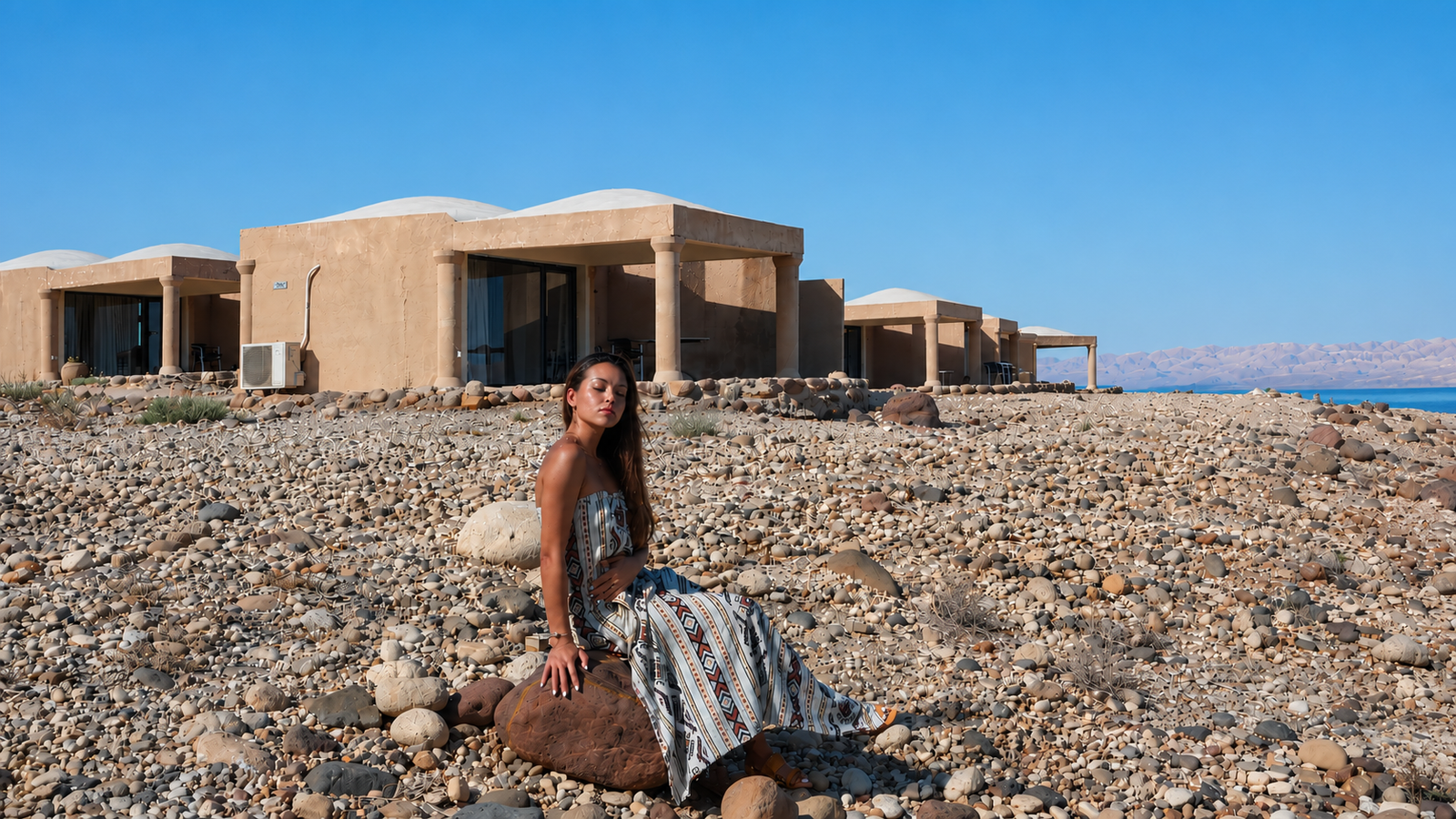 Rosi Ross editorial banner about Mujib Chalets, Wadi Mujib Nature Reserve, Dead Sea Jordan, canyon landscapes, conservation travel, and immersive nature accommodation.