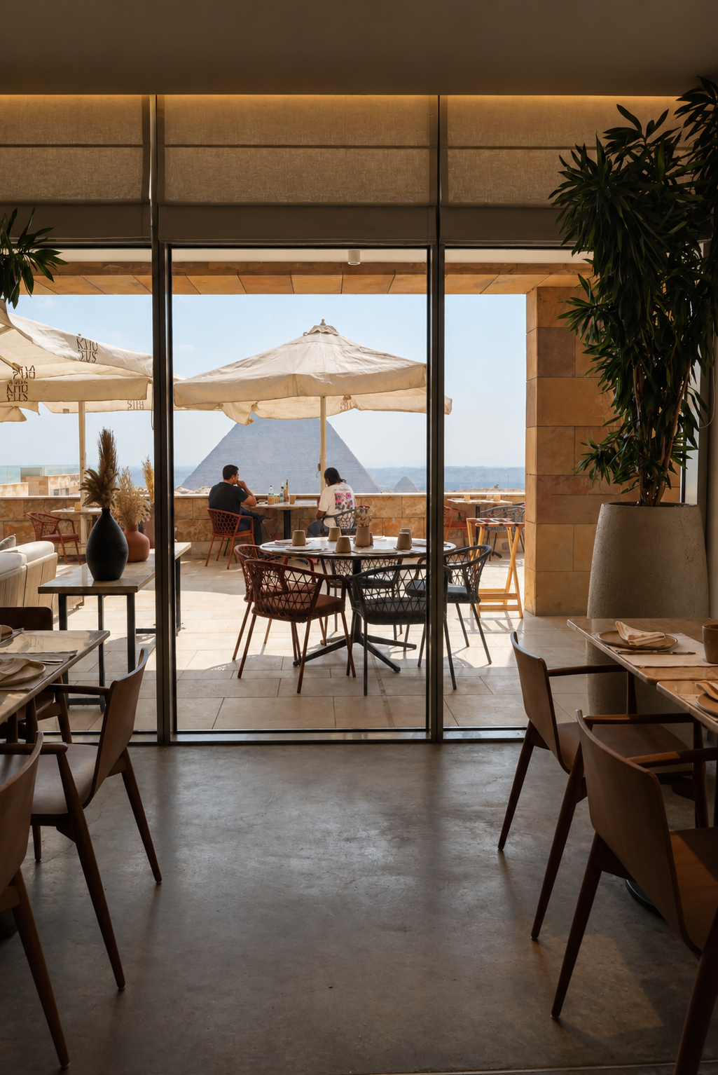 View of the pyramids from a caf&eacute;, with tables and chairs inside and umbrellas outside at Khufus