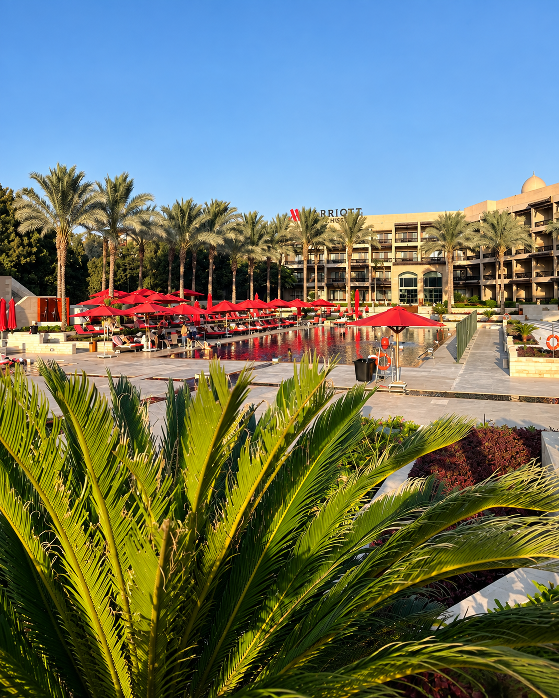 Luxury resort with palm trees and pool area at Marriott Mena House Hotel