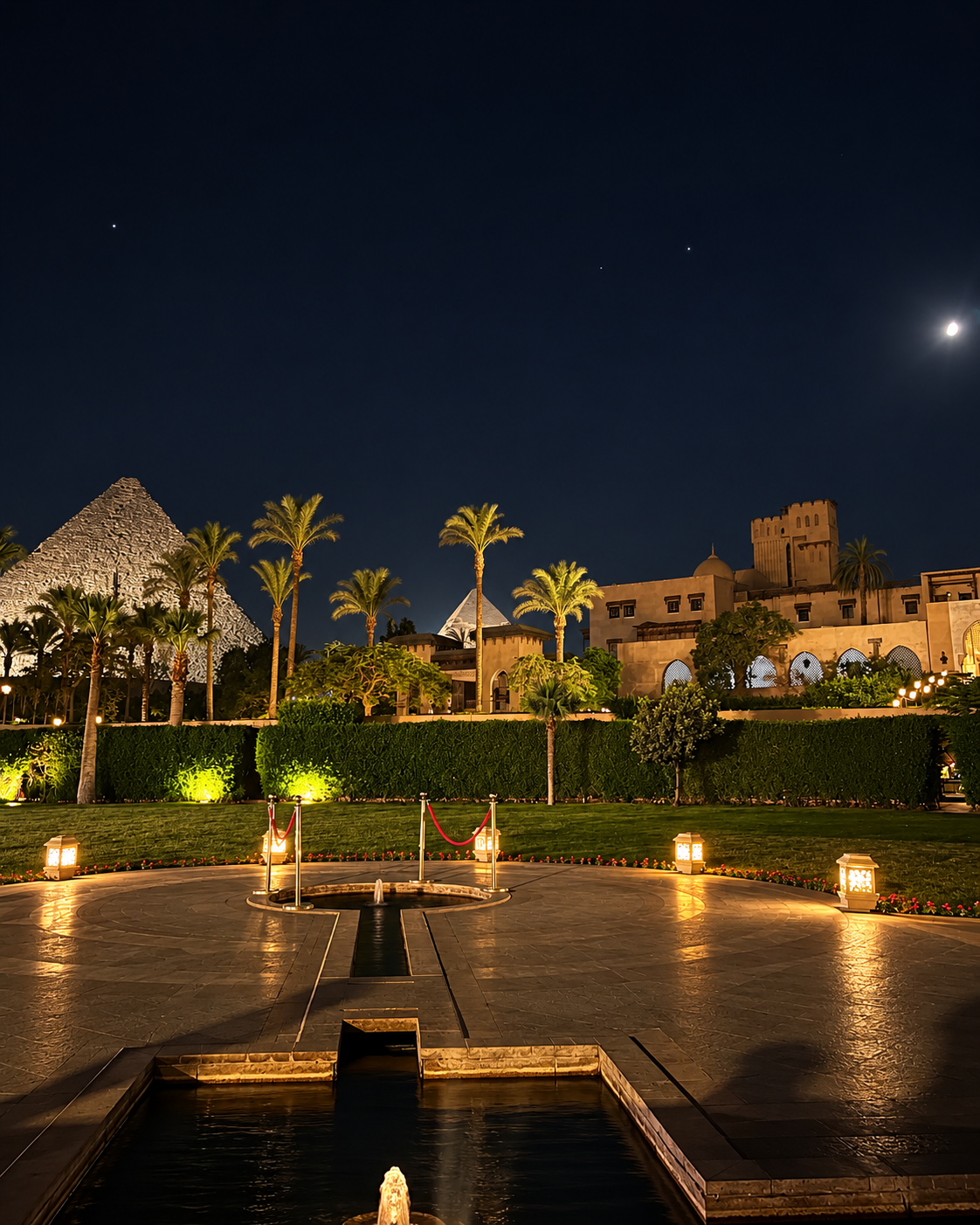 Nighttime view of an illuminated garden with palm trees, a small fountain, and buildings in the background at Marriott Mena House Hotel