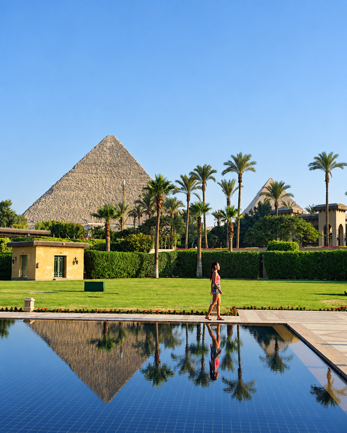 Rosi Ross walking by a reflective pool with pyramids and palm trees in the background at Marriott Mena House Hotel