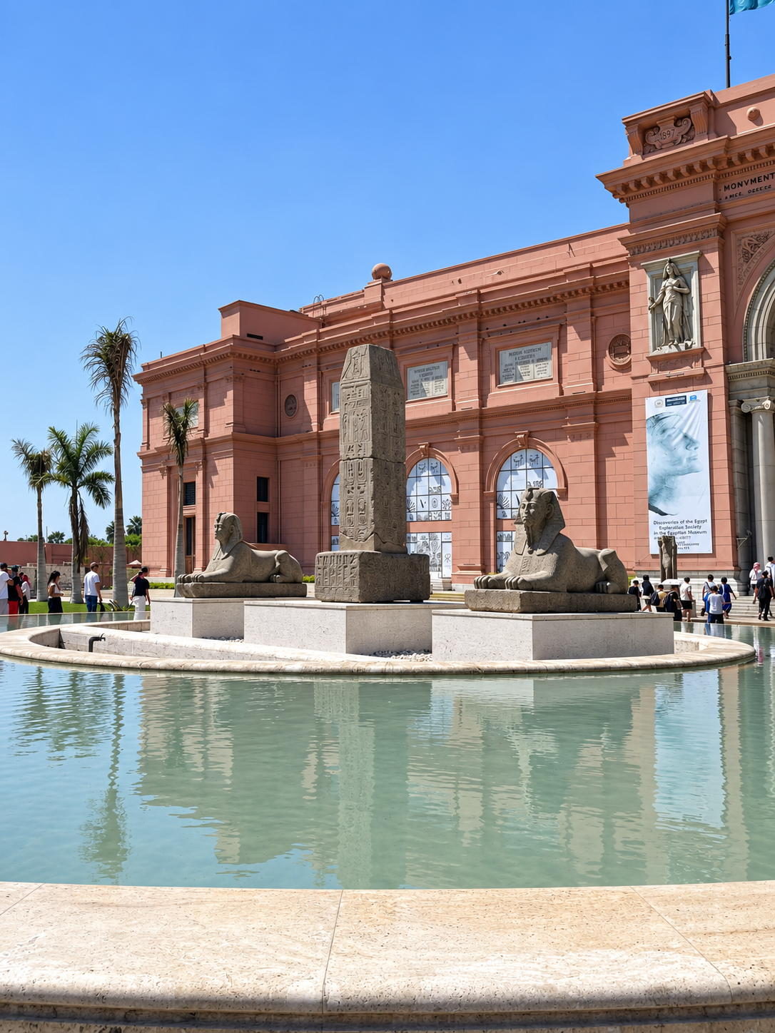 Exterior Shot of a Historic Museum the National Museum of Egyptian Civilization in Cairo Exterior view of a historic museum with a fountain and palm trees under a clear blue sky the National Museum of Egyptian Civilization in Cairo