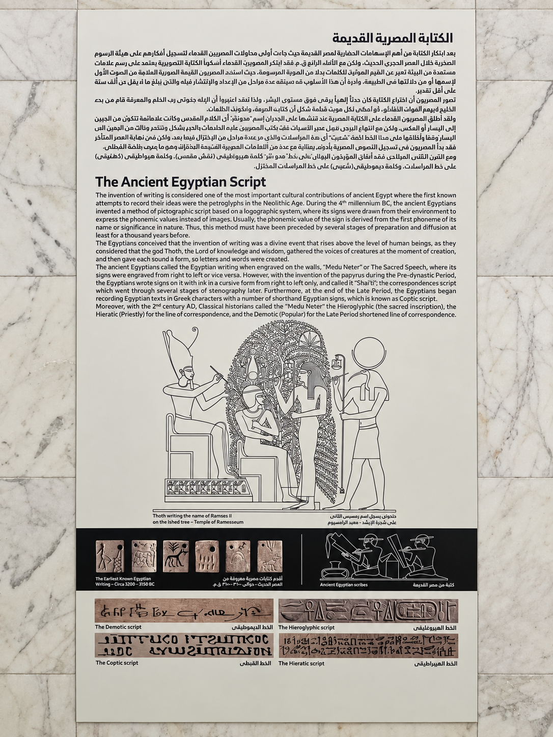 The Ancient Egyptian Script at the National Museum of Egyptian Civilization's Informational poster about ancient Egyptian script with images and text in Arabic and English at the National Museum of Egyptian Civilization's