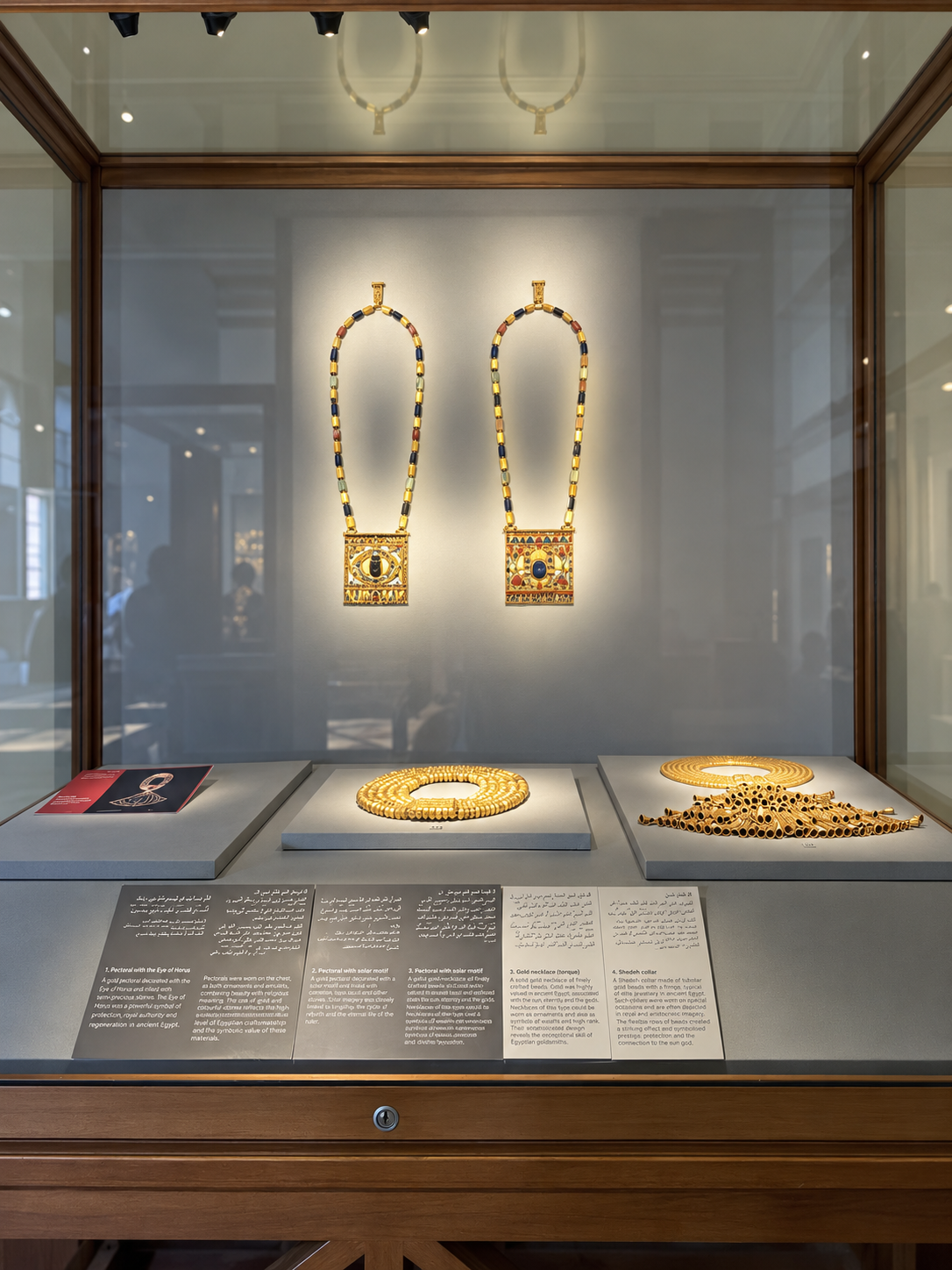 Ancient Gold Jewelry Exhibit at the National Museum of Egyptian Civilization in Cairo Exhibit of ancient gold jewelry in a museum display case at the National Museum of Egyptian Civilization in Cairo