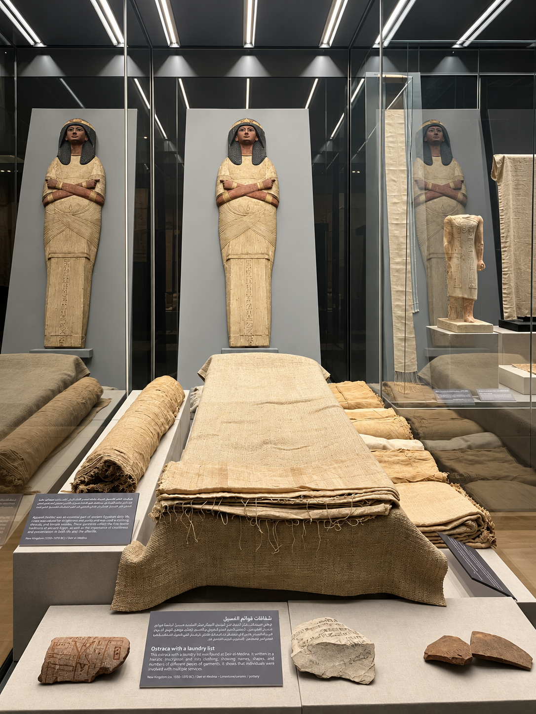 Ancient Egyptian Artifacts in Museum Exhibit at the National Museum of Egyptian Civilization's Ancient Egyptian artifacts displayed in a museum exhibit, including sarcophagi and textiles at the National Museum of Egyptian Civilization's