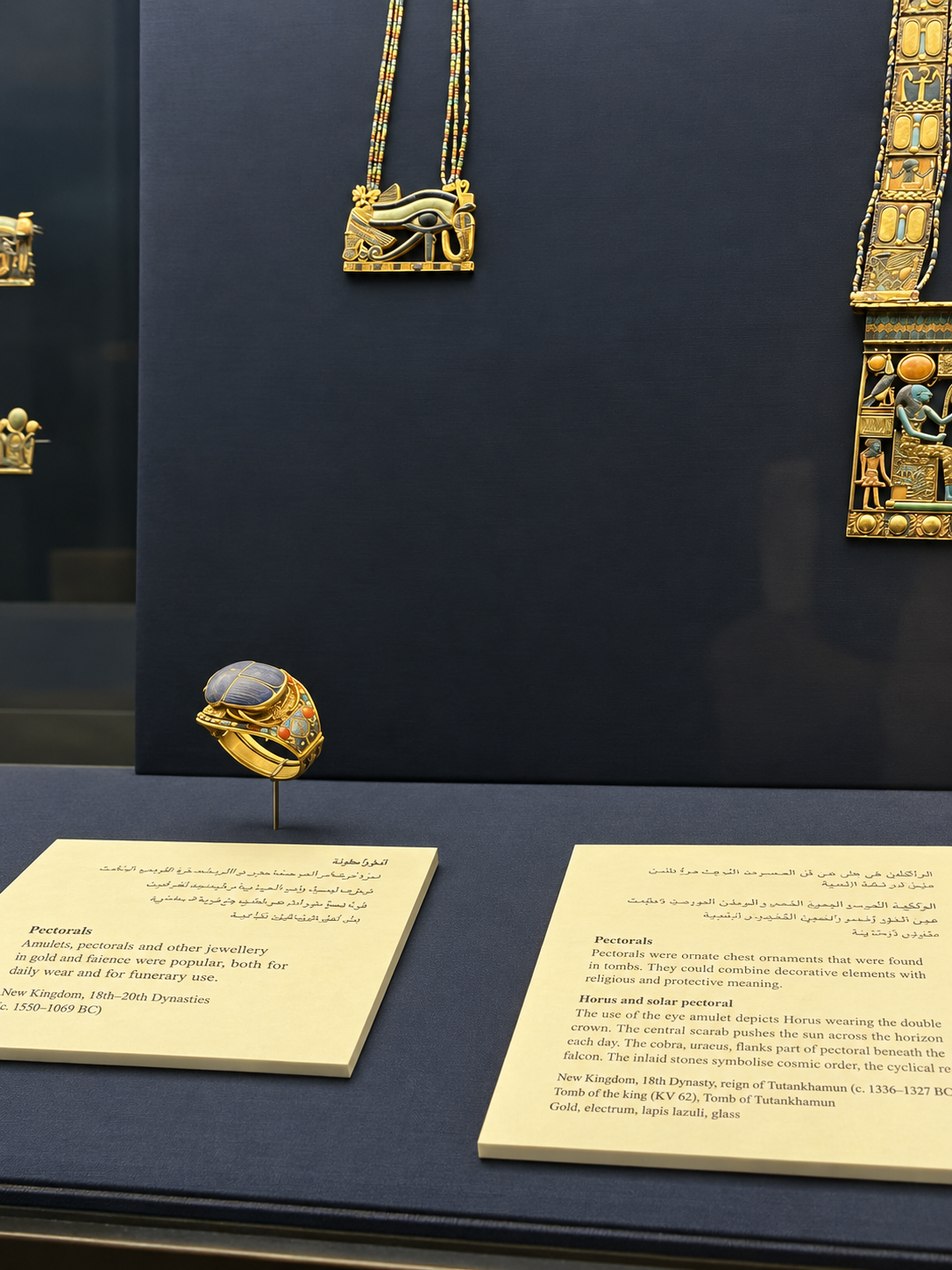 Gold jewelry at the National Museum of Egyptian Civilization in Cairo Display case with ancient Egyptian jewelry and inscriptions at the National Museum of Egyptian Civilization in Cairo