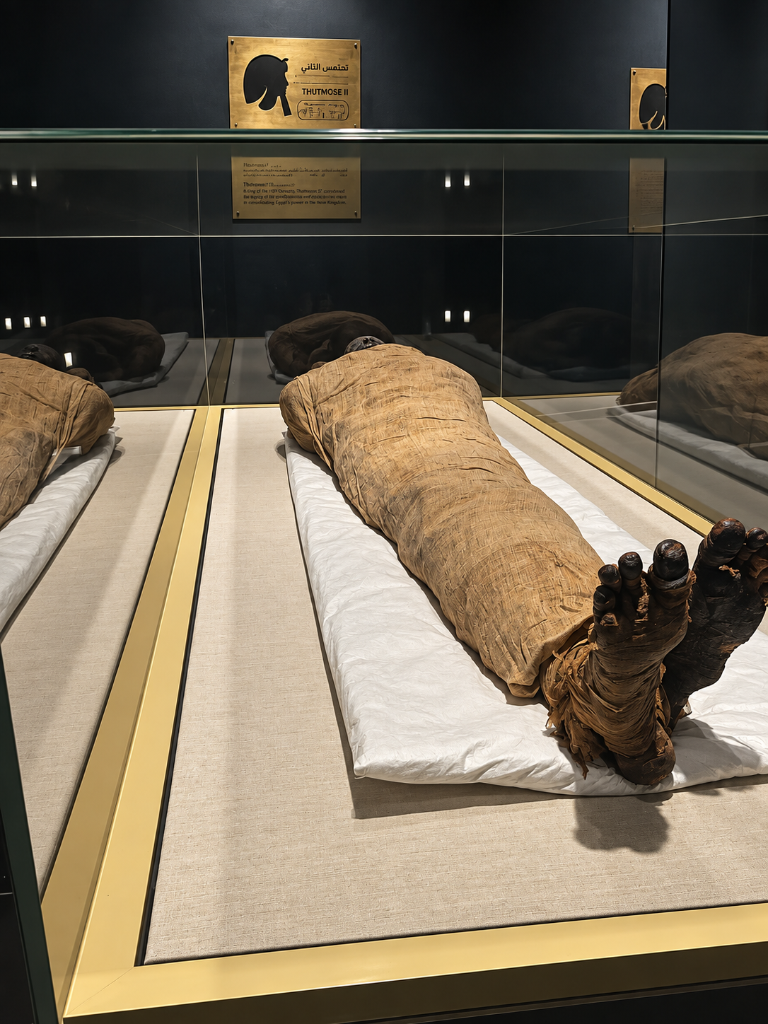 Mummy in Museum Display at the National Museum of Egyptian Civilization's Mummy wrapped in linen displayed in a glass case at a museum at the National Museum of Egyptian Civilization's