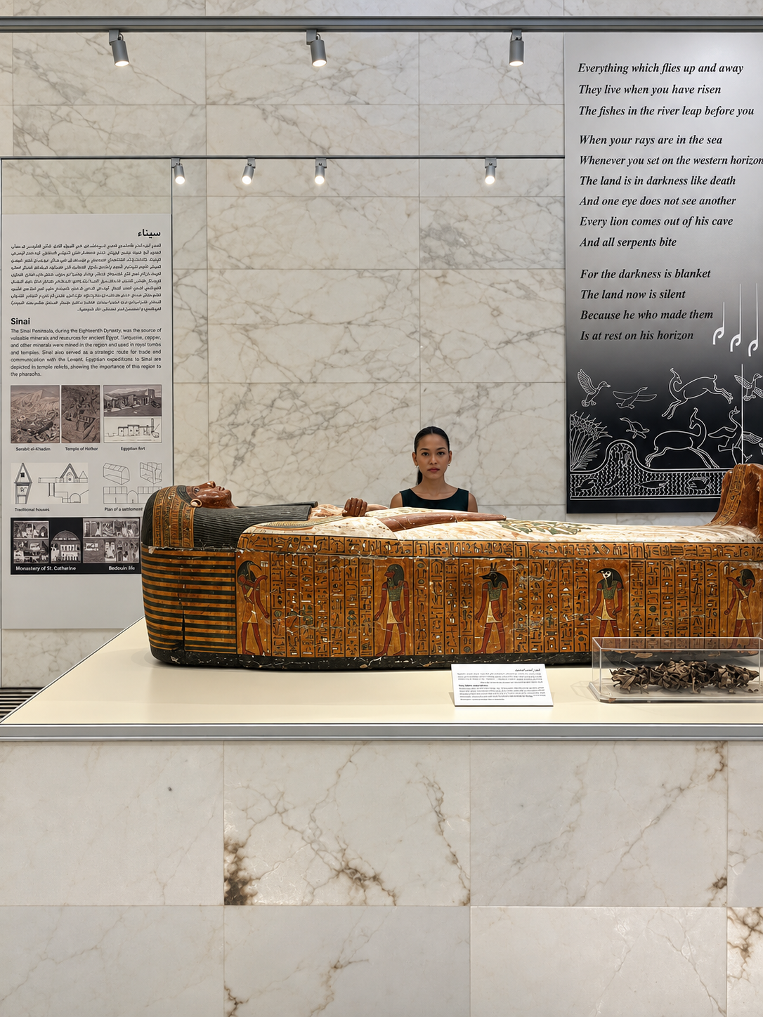 Ancient Egyptian Sarcophagus at the National Museum of Egyptian Civilization's Ancient Egyptian sarcophagus on display in a museum with a person in the background at the National Museum of Egyptian Civilization's