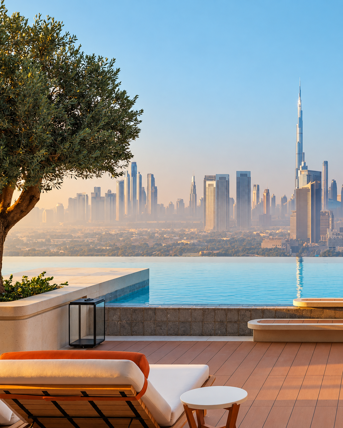 View of the city skyline from a luxurious infinity pool.