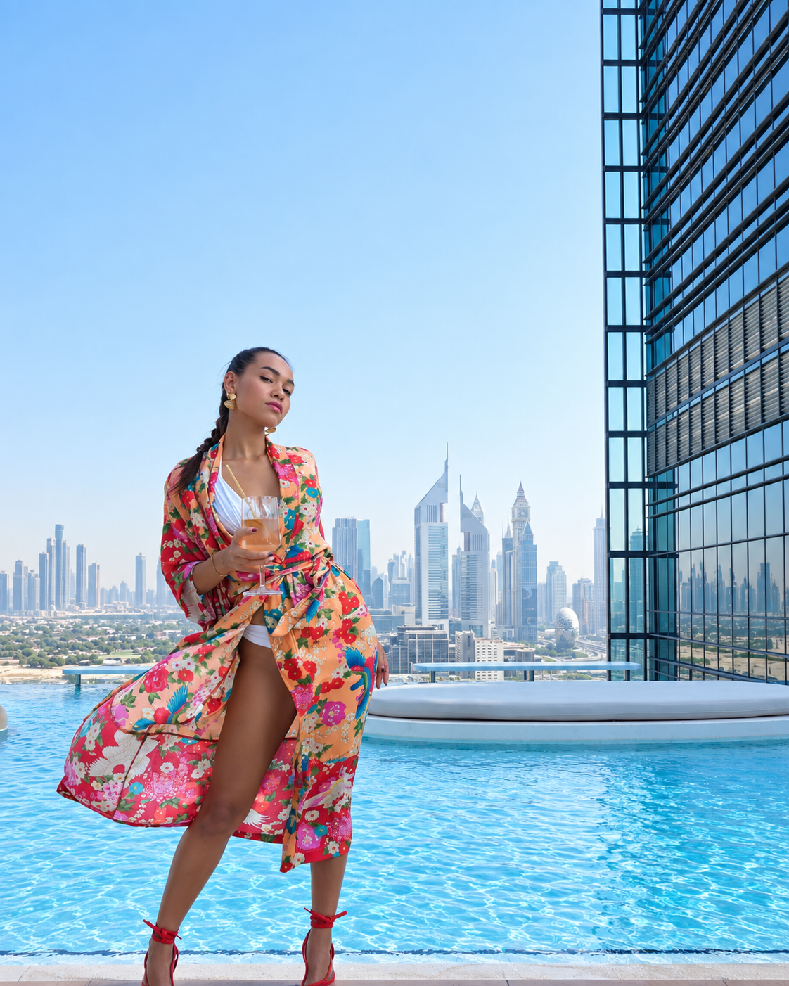 Rosi Ross in colorful robe holding drink by rooftop pool with city skyline in background