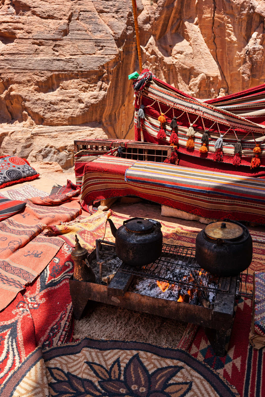 Traditional Bedouin seating and cooking setup against Petra's rocky landscape.