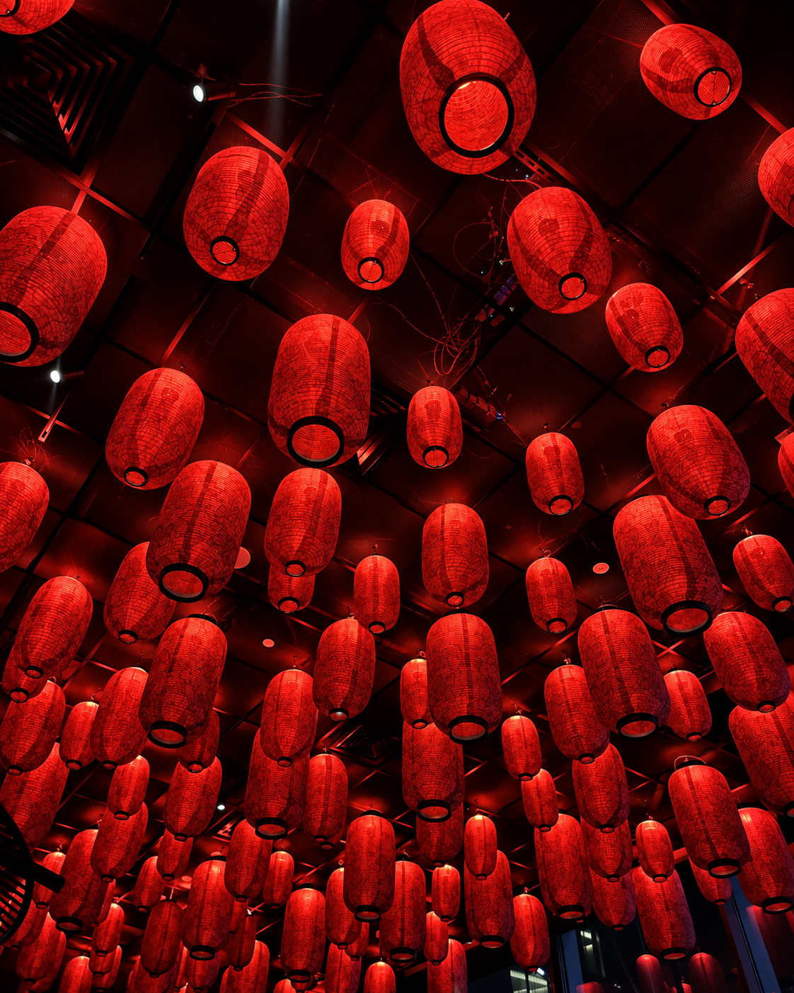 Ceiling filled with red Chinese lanterns at Ronin