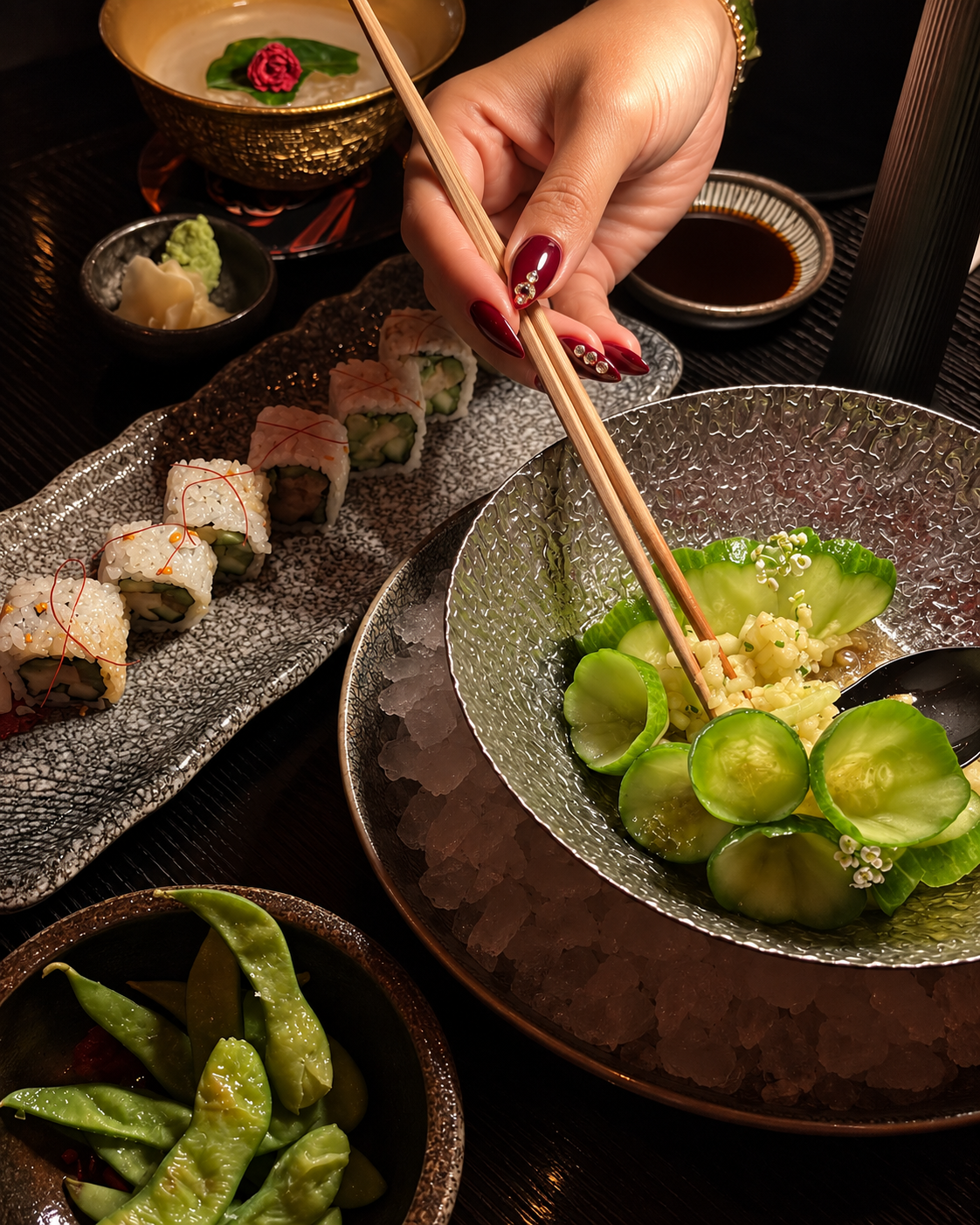 Elegant dining setup with sushi rolls, sliced cucumbers, and edamame at Ronin
