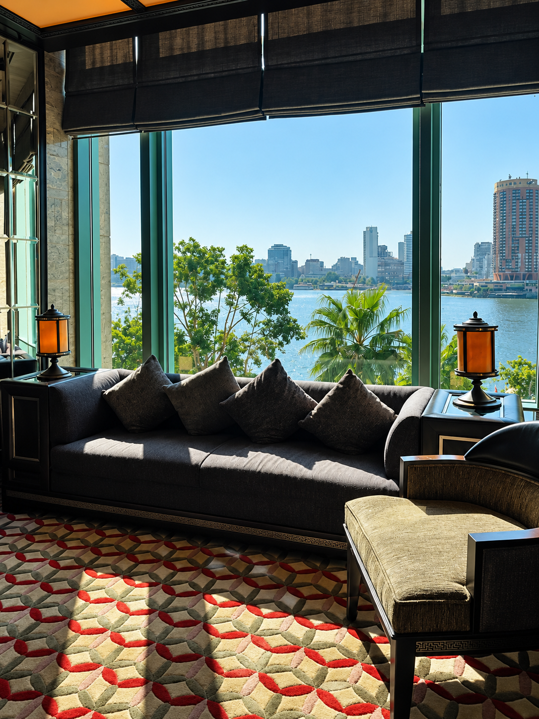 Luxurious lounge with large windows overlooking a river and cityscape Rosi Ross