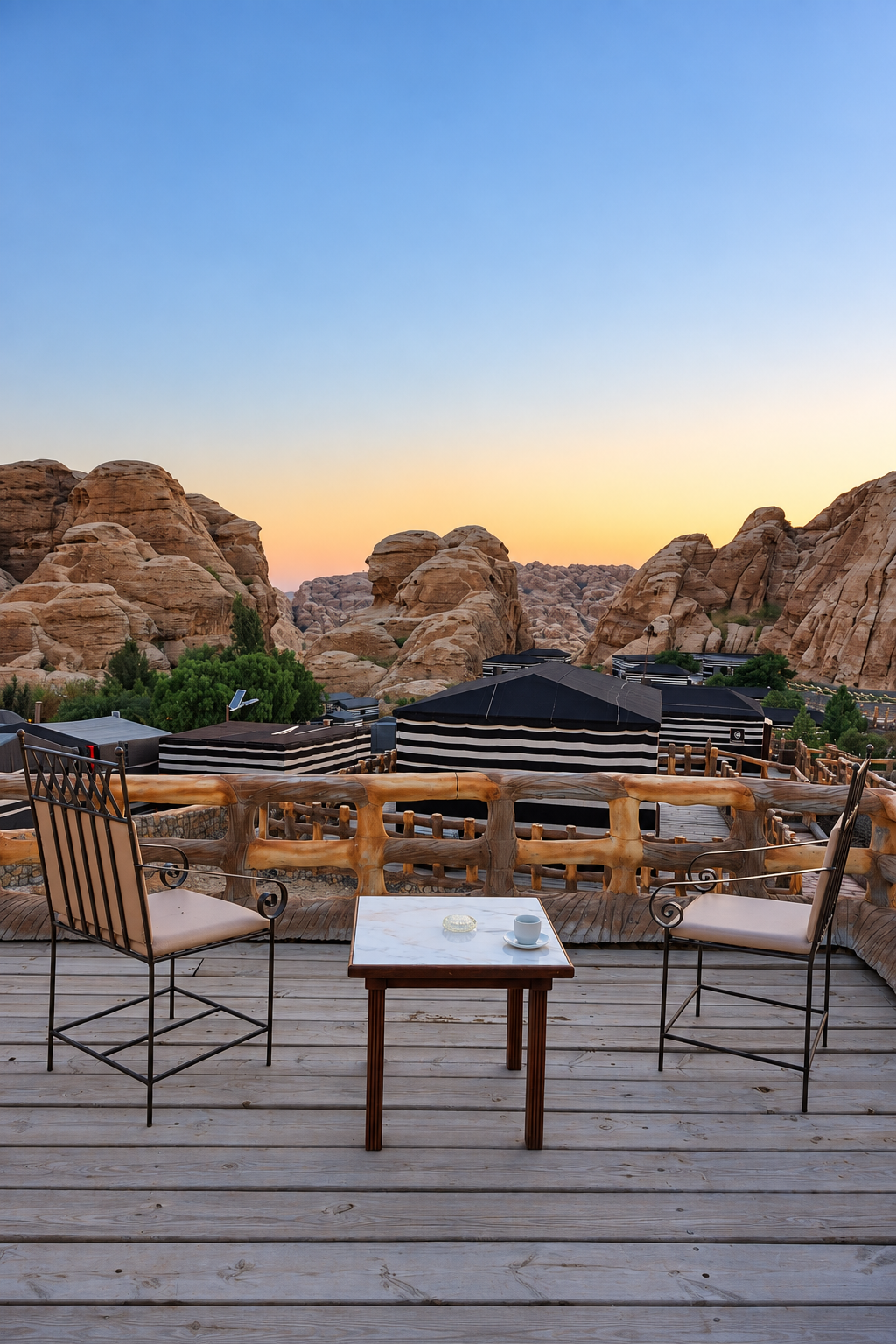 Rosi Ross Petra Seven Wonders Hotel And Domes Aesthetics Terrace with a wooden table and chairs overlooking a scenic desert landscape and rocky hills at sunset at Seven Wonders Hotel
