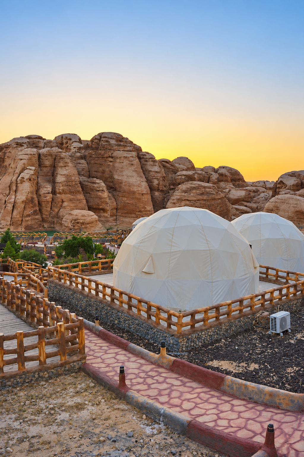 Rosi Ross Petra Seven Wonders Hotel And Domes At Sunrise Geodesic domes with surrounding fences against a backdrop of rugged brown rock formations and a vibrant sunrise sky at Seven Wonders Hotel