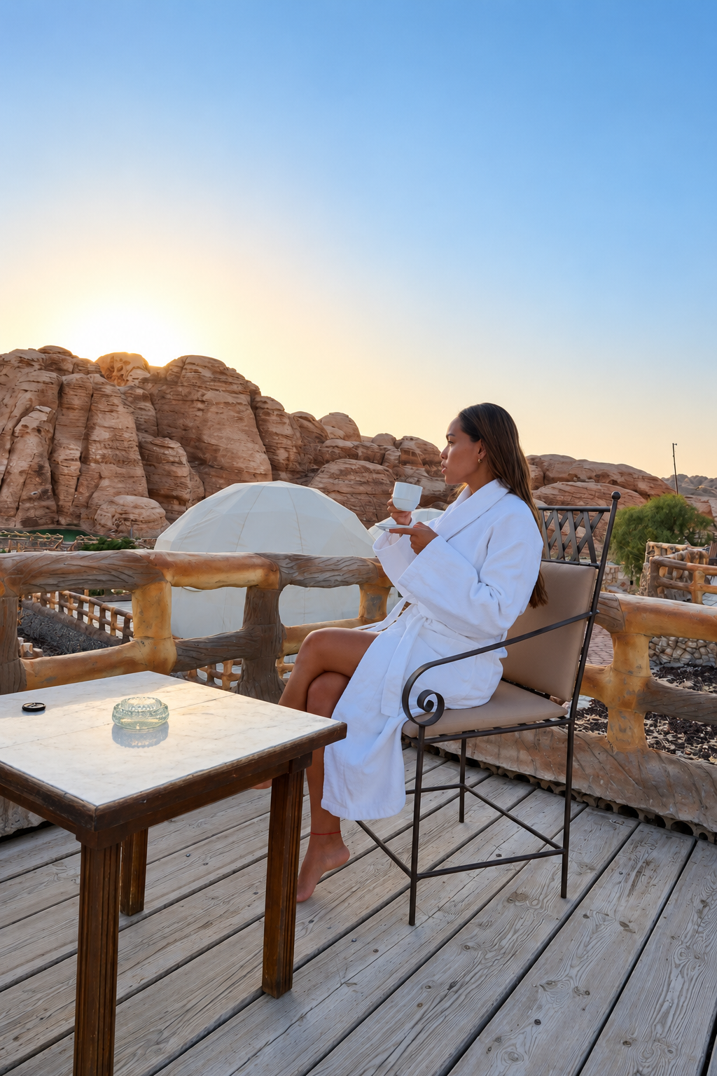 Rosi Ross Petra Seven Wonders Hotel And Domes Coffee Woman in a white robe enjoying coffee on a terrace with mountain view at sunrise at Seven Wonders Hotel