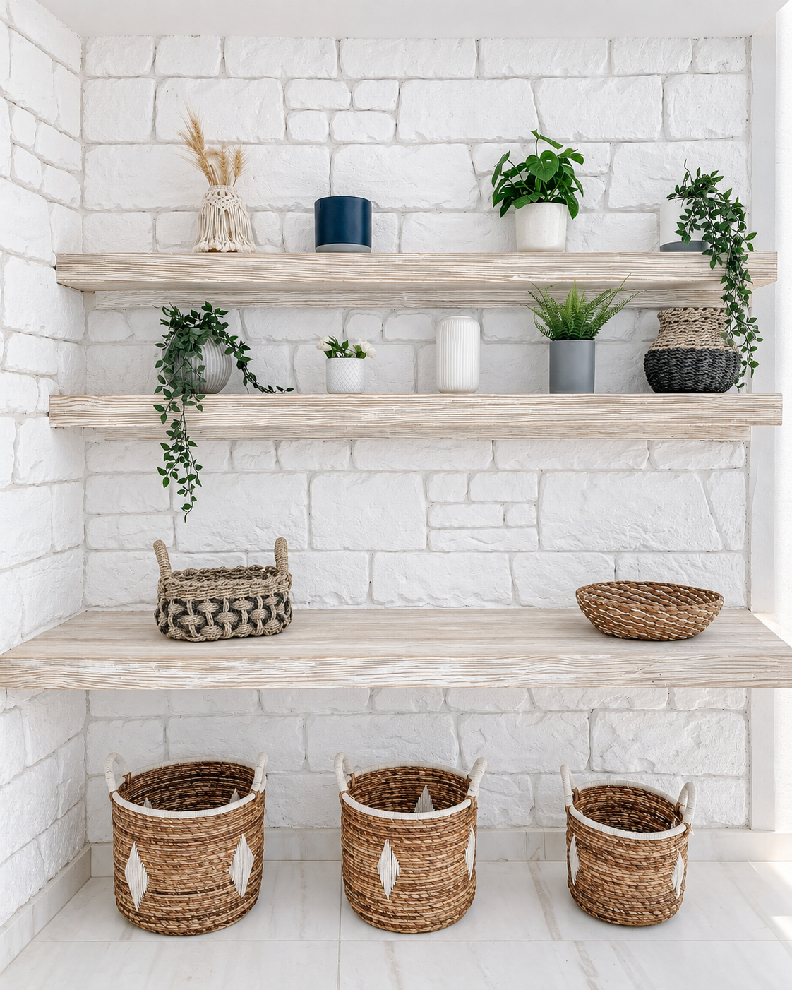 Boho chic interior design featuring white brick wall, light wooden shelves, potted plants, and woven baskets for storage and decor.