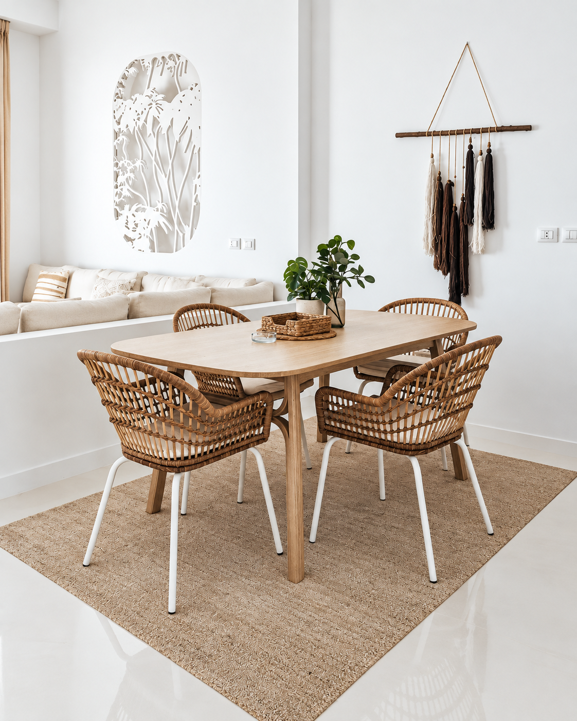 A contemporary dining space featuring wicker chairs and a natural wood table at Tanoak Resort in Ain Sokhna