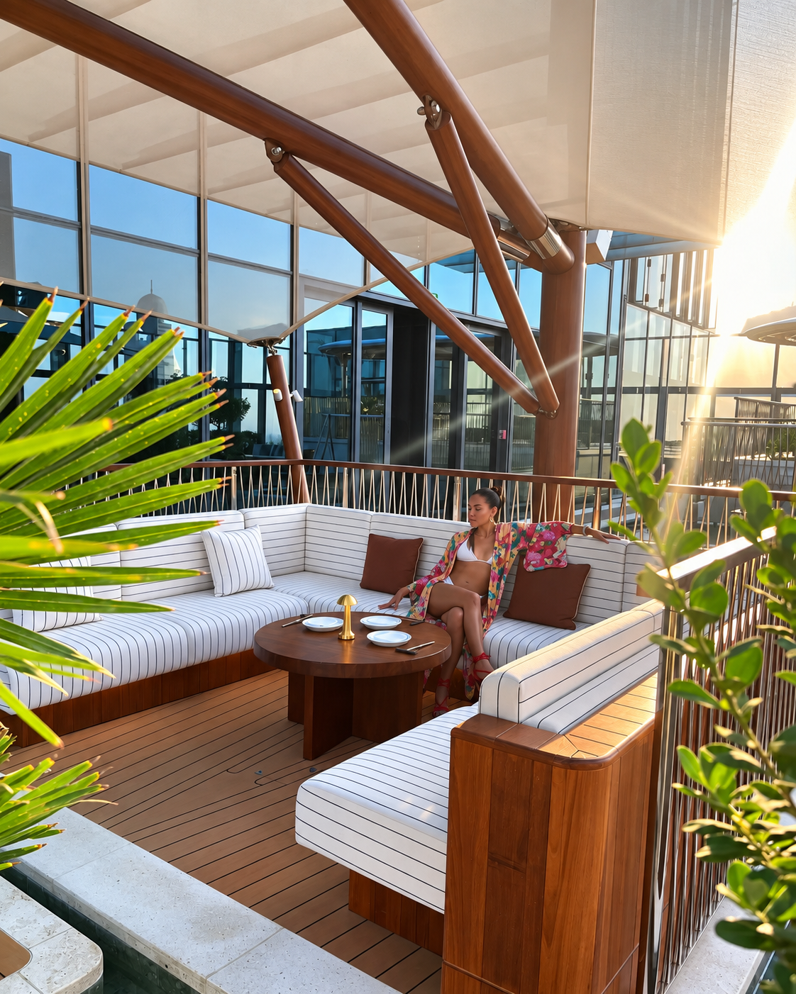 Rosi Ross relaxing in stylish outdoor lounge area with modern wooden furniture and sunlight streaming through.