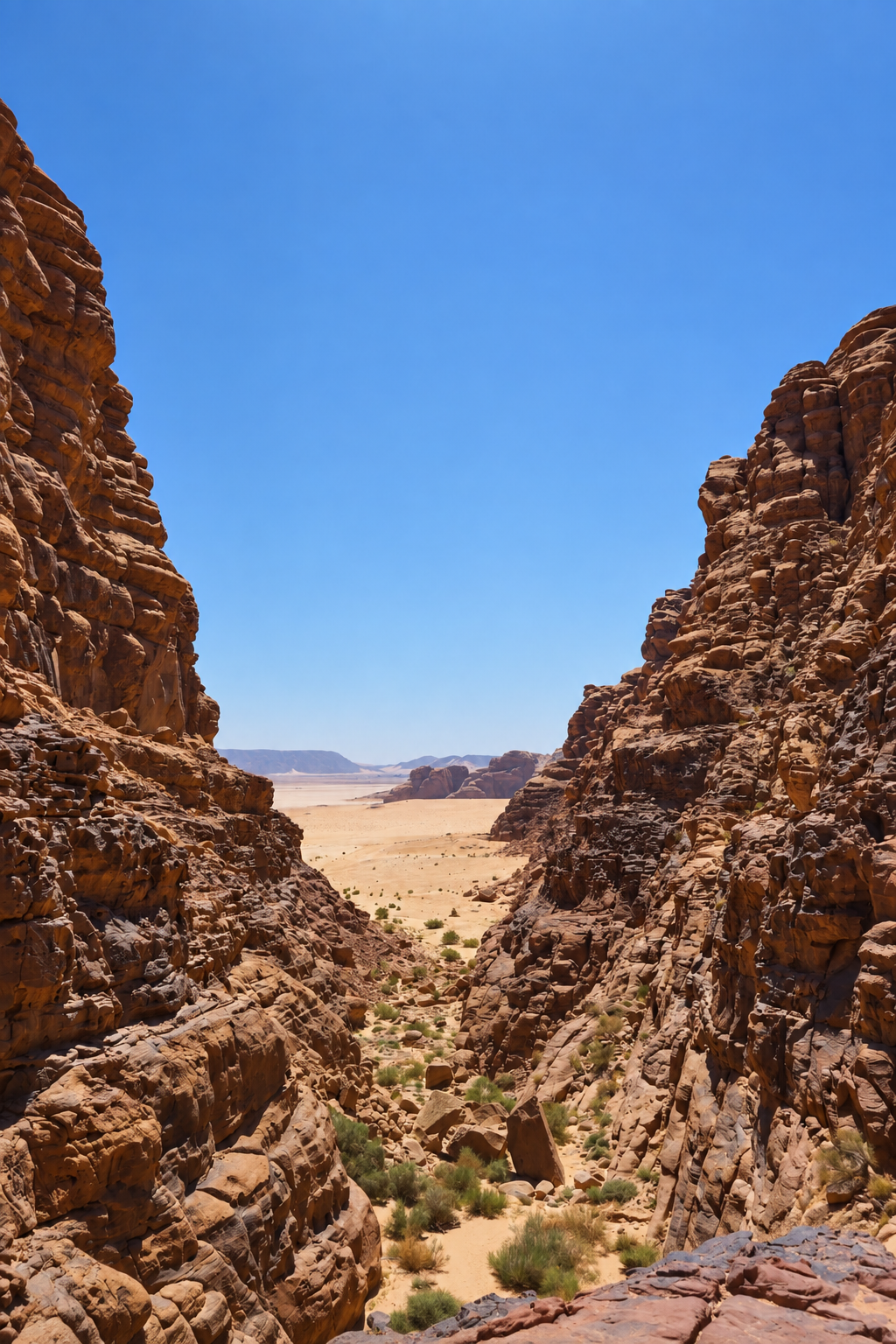 A narrow canyon path with towering red rock formations leading to a vast, sun-drenched desert landscape under a clear blue sky.