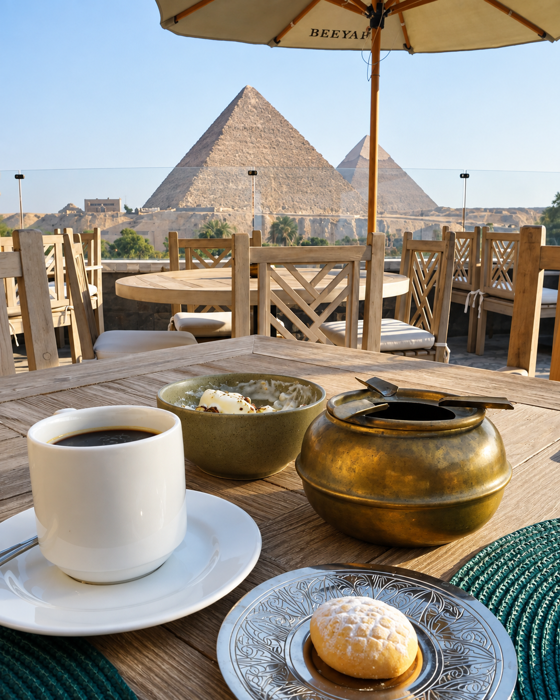 Coffee and pastry on a table with a view of the Pyramids of Giza at Zeeyara Restaurant