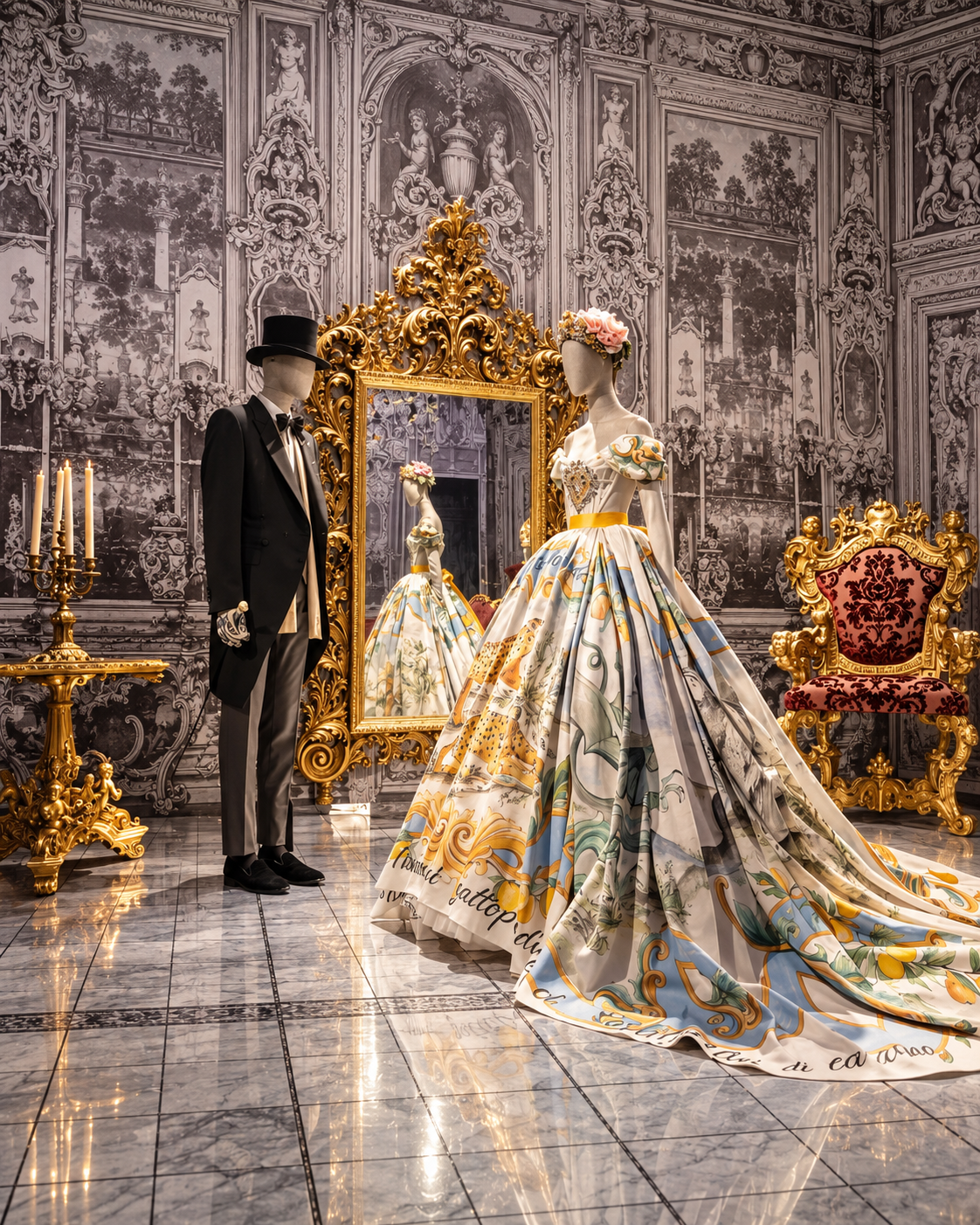 Elegant Period Costumes Display from Dolce Gabbana Gaming World Elegant male and female mannequins in luxurious attire within a grand, ornately decorated room with gold accents and patterned walls from Dolce Gabbana Gaming World