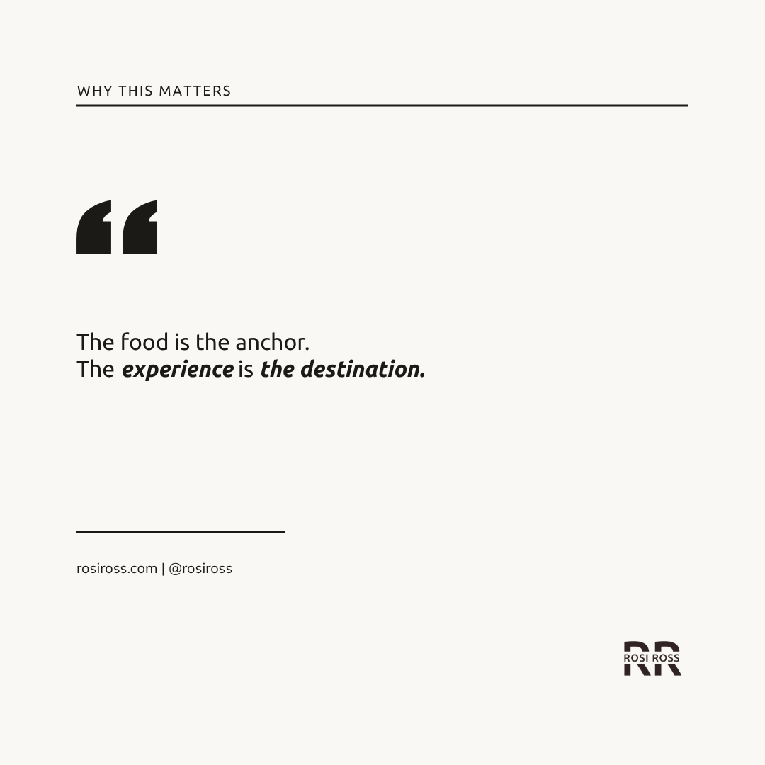 Rosi Ross quote about experiential luxury dining in Dubai, social architecture, restaurant atmosphere, identity, interaction, and the evolution of modern hospitality.