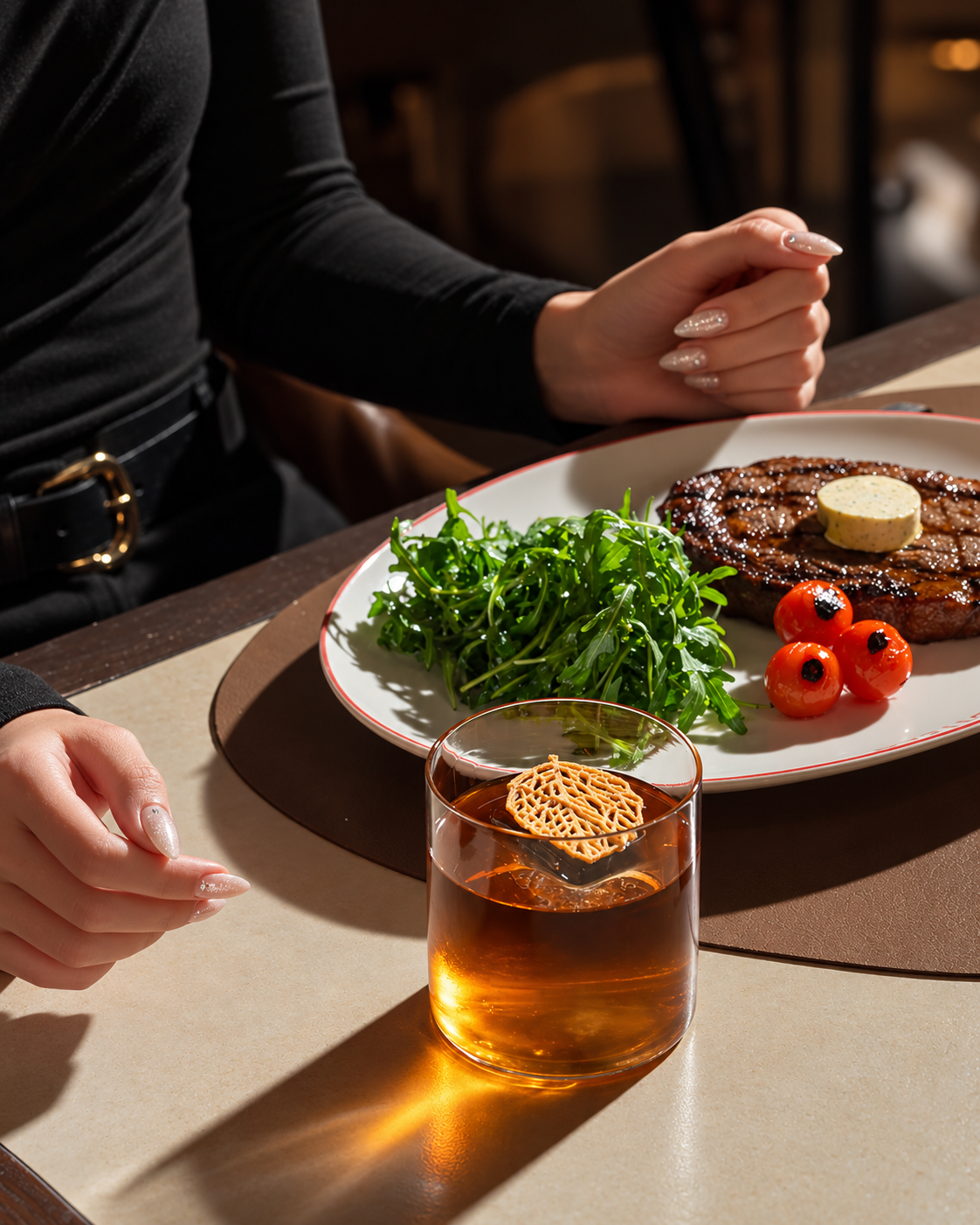 Fine Dining Meal with Cocktail and Steak at Bastion Dubai Bastion Dubai elegant fine dining plate with seared steak, fresh arugula, roasted tomatoes, and a golden cocktail with decorative garnish