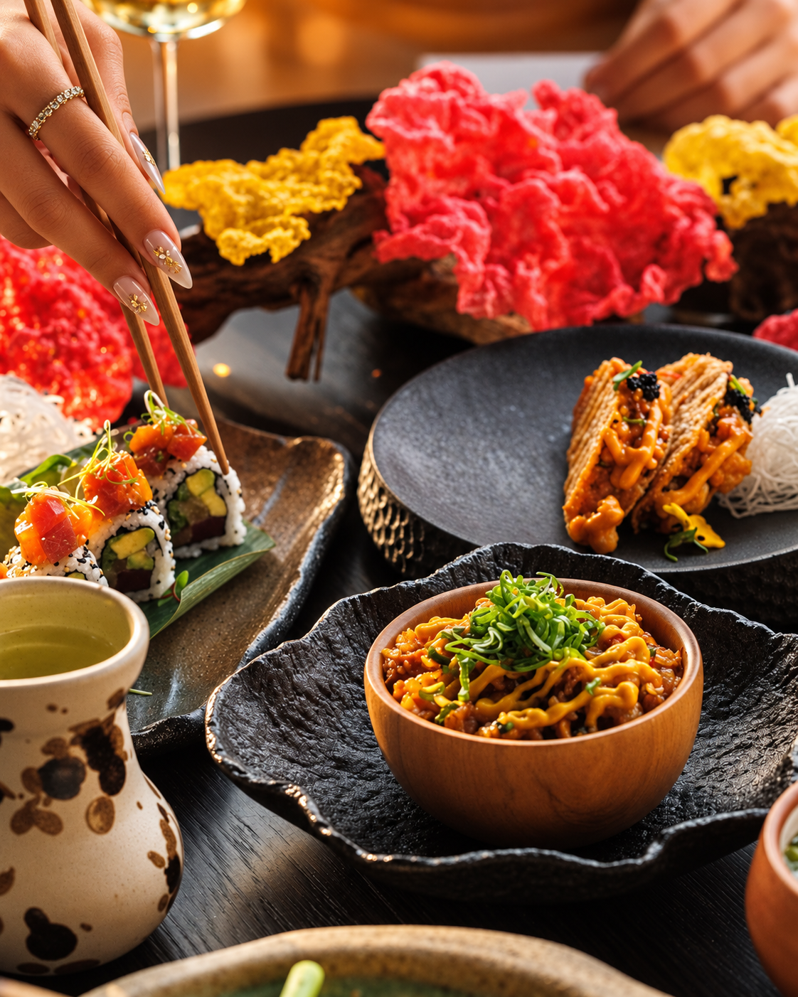 Asian Cuisine Dishes with Fresh Flowers at Nazcaa