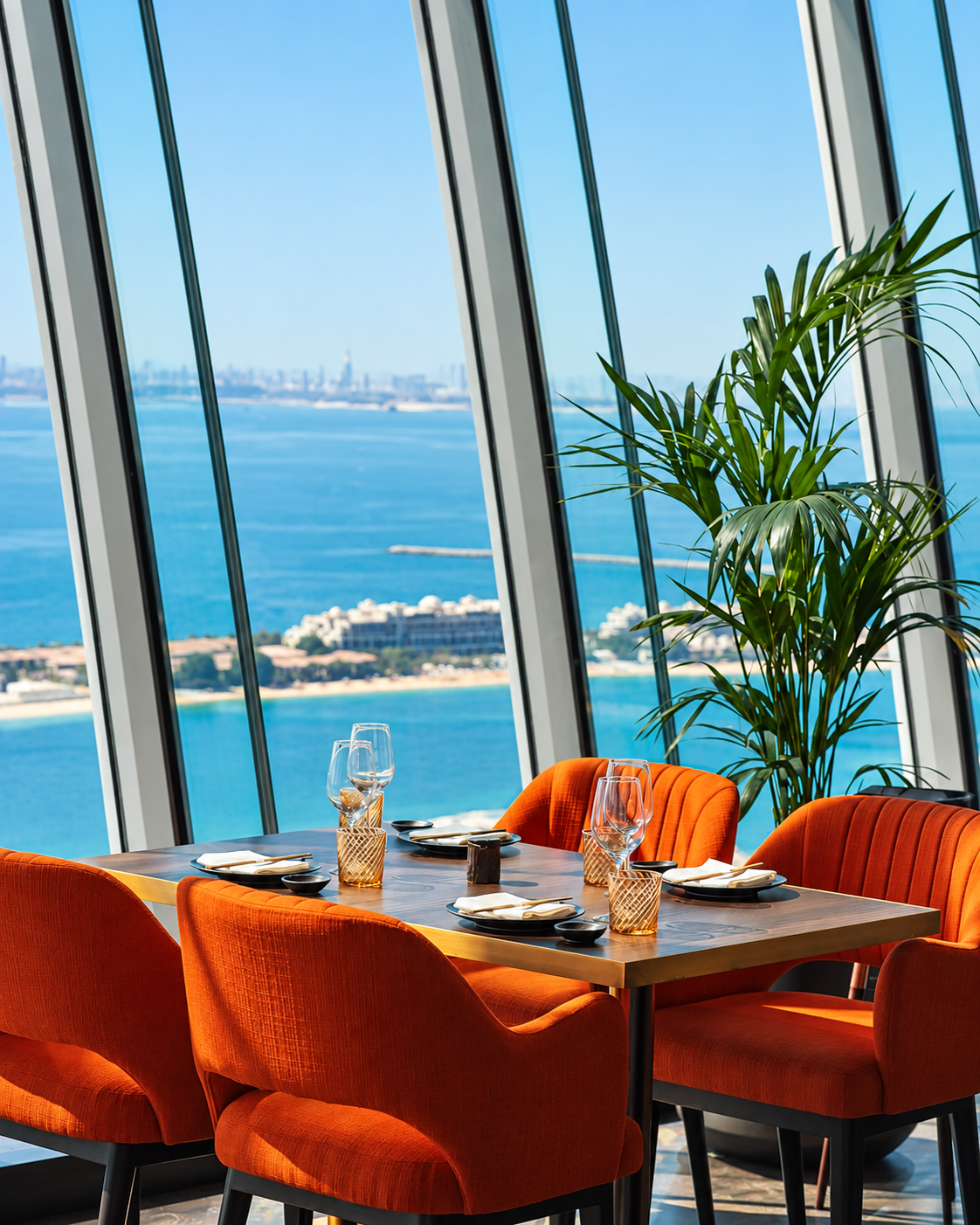 Ocean and Coastal View From Sushi Samba Dubai Restaurant Sushi Samba dining restaurant tables with orange chairs overlooking vast ocean and coastline through floor-to-ceiling windows