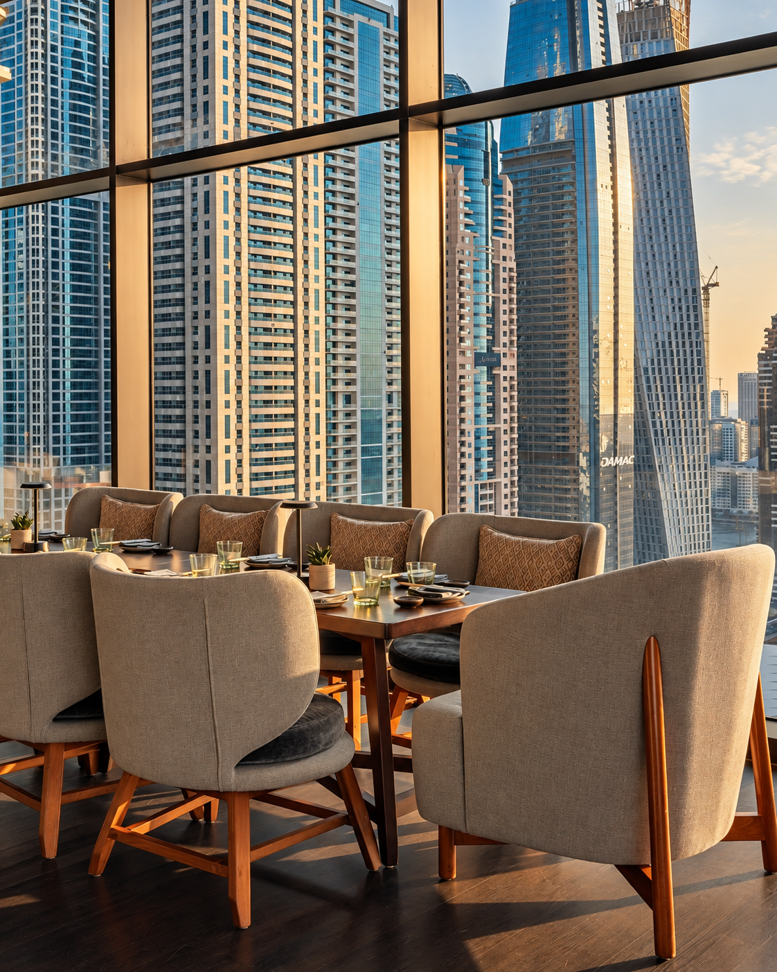 Attiko Dubai Modern lounge with skyline city views Attiko Dubai high-rise dining area with upholstered chairs and skyline city view through floor-to-ceiling windows