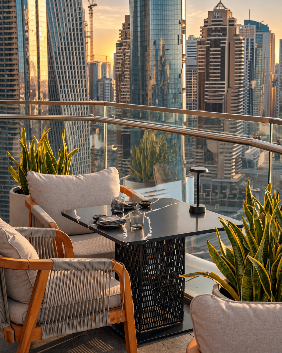 Attiko Dubai Luxury rooftop terrace with city skyline views Attiko Dubai Modern rooftop terrace overlooking downtown skyscrapers at golden hour, with orange chairs and potted plants