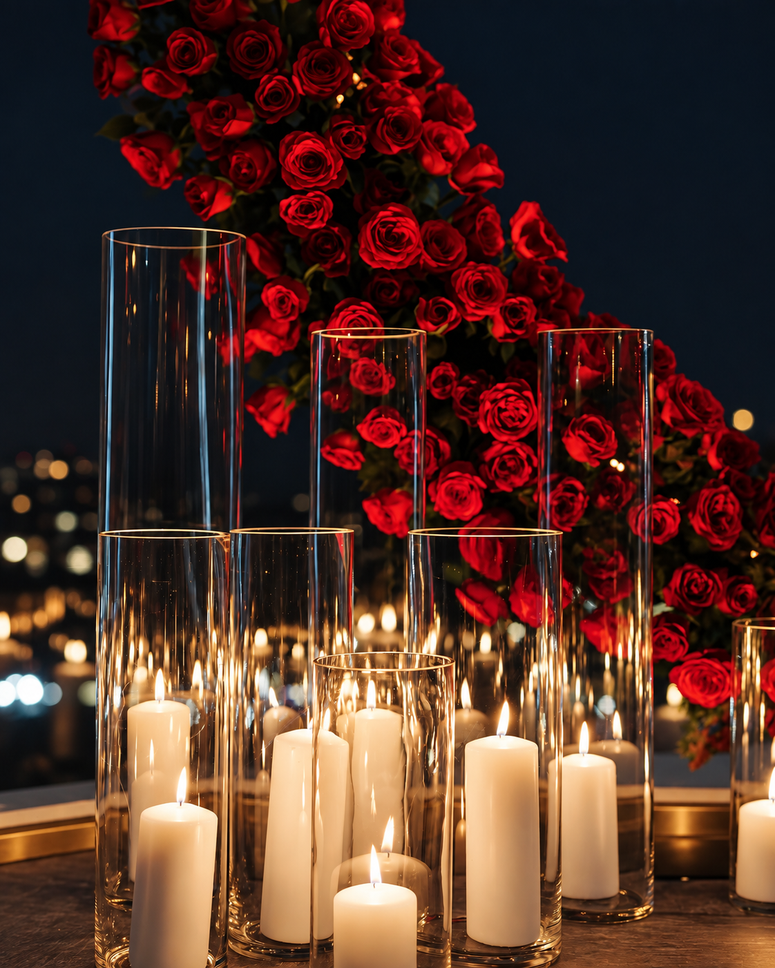 Romantic Candles and Red Roses Arrangement at Attiko Dubai Attiko Dubai arrangement of tall glass vases with lit candles and abundant red roses on dark background