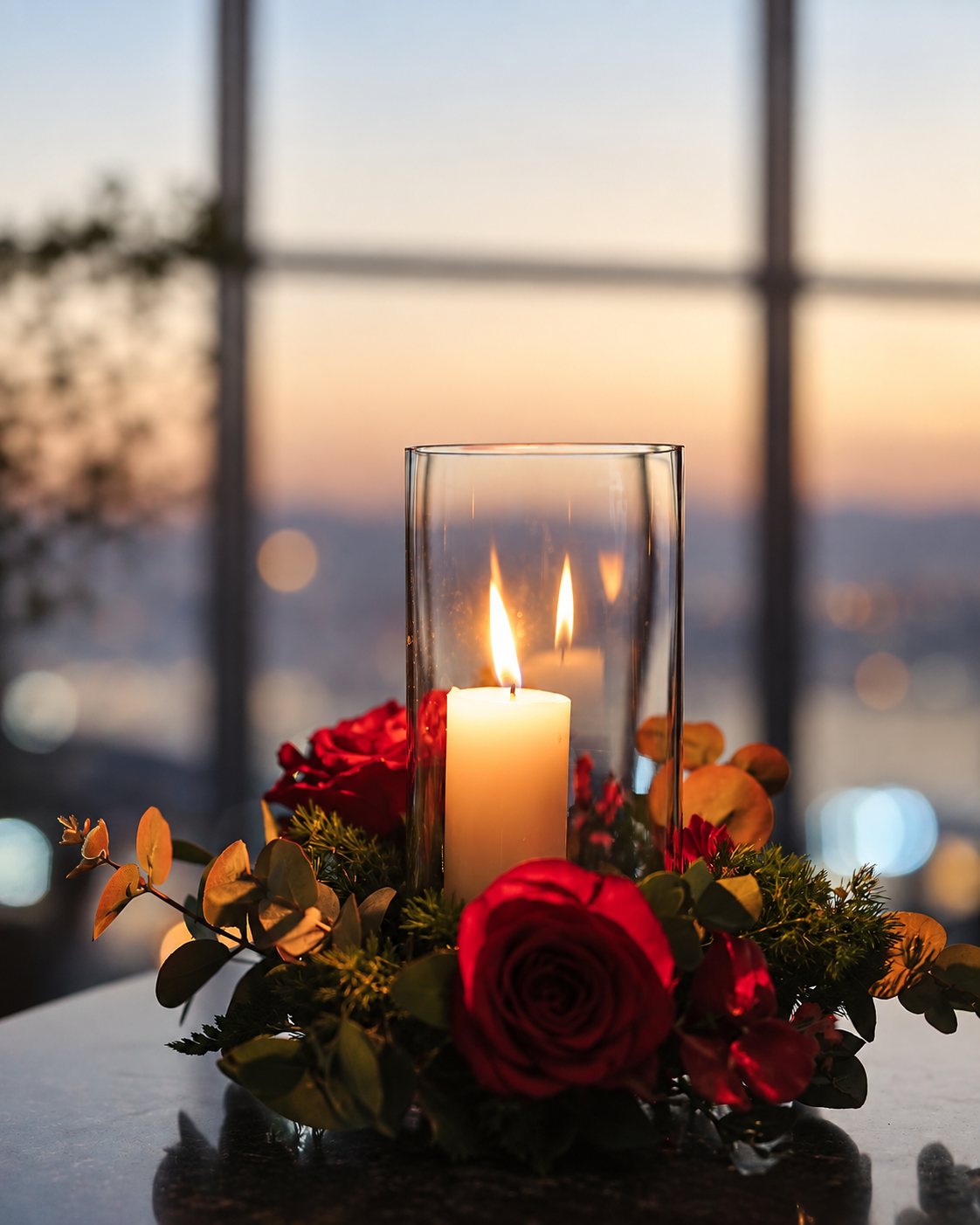 Valentines Candle Centerpiece with Winter Florals at Attiko Dubai Romantic candle centerpiece with red and orange winter florals in glass cylinder holder at Attiko Dubai