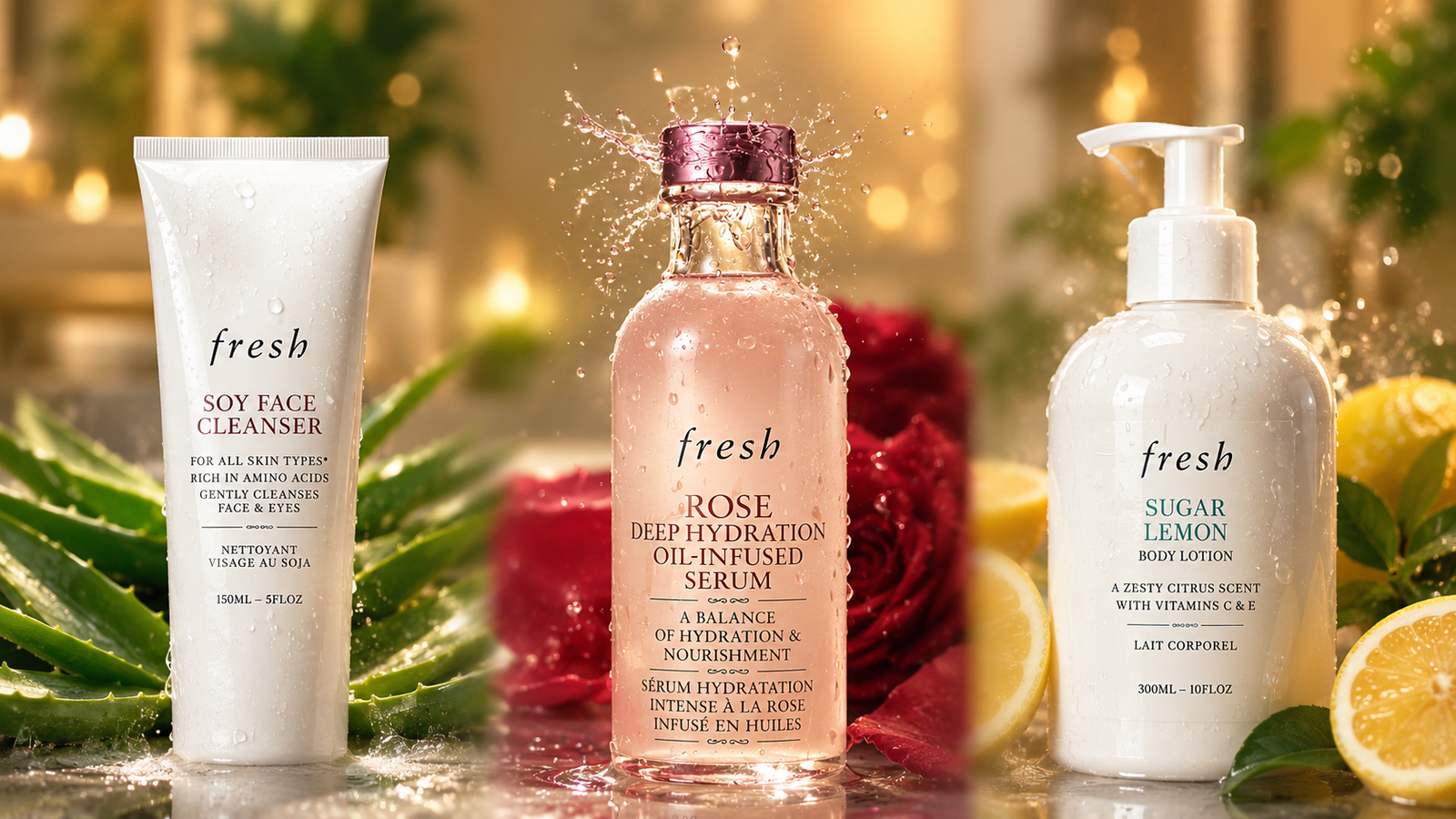 Rosi Ross article banner exploring Fresh Beauty skincare ritual, luxury skincare routine, hydrating products, gentle cleanser, and sensorial beauty experience.