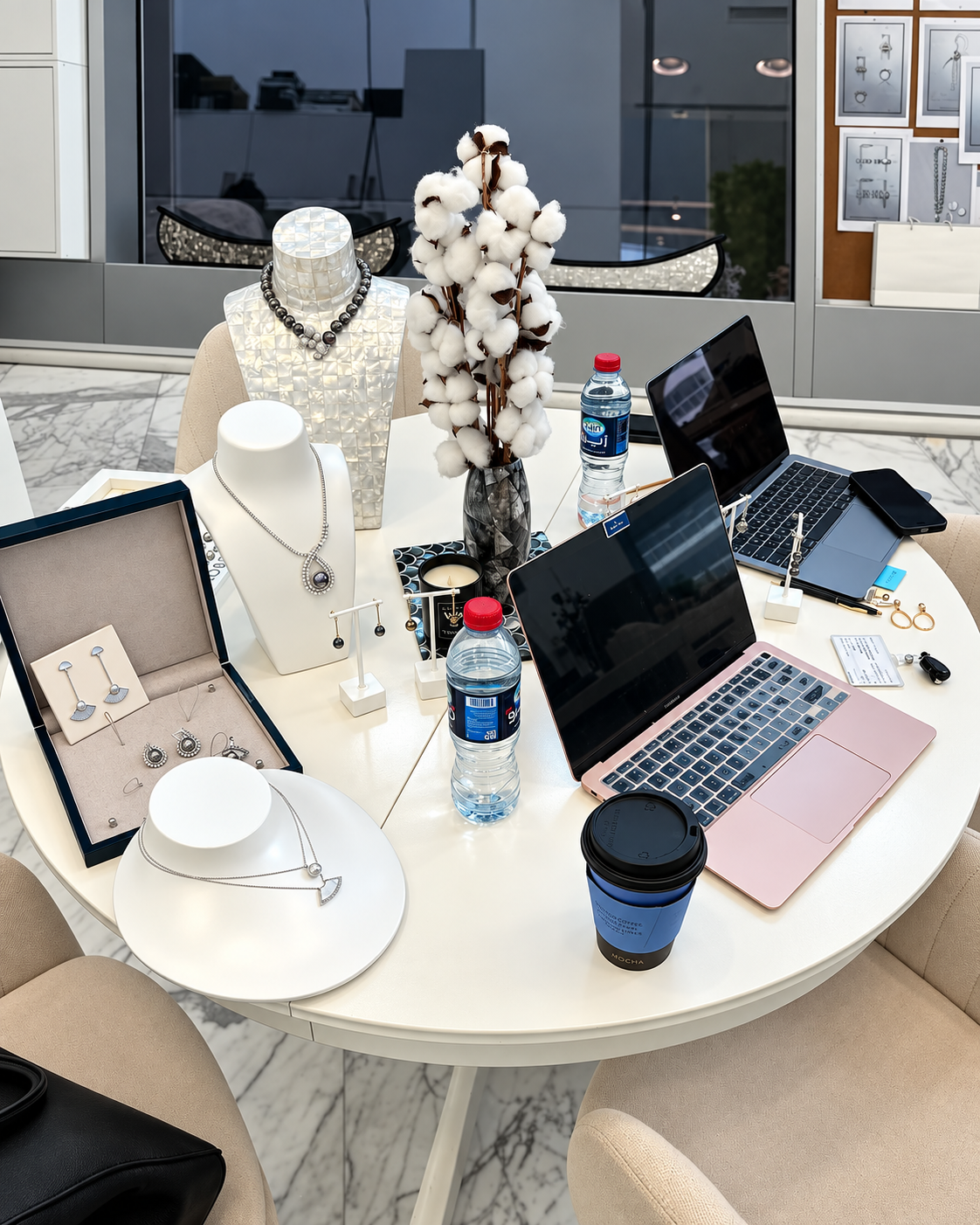 Modern jewelry display table with laptops, cotton stems, necklace displays, and water bottles in bright office showroom by Robert Wan