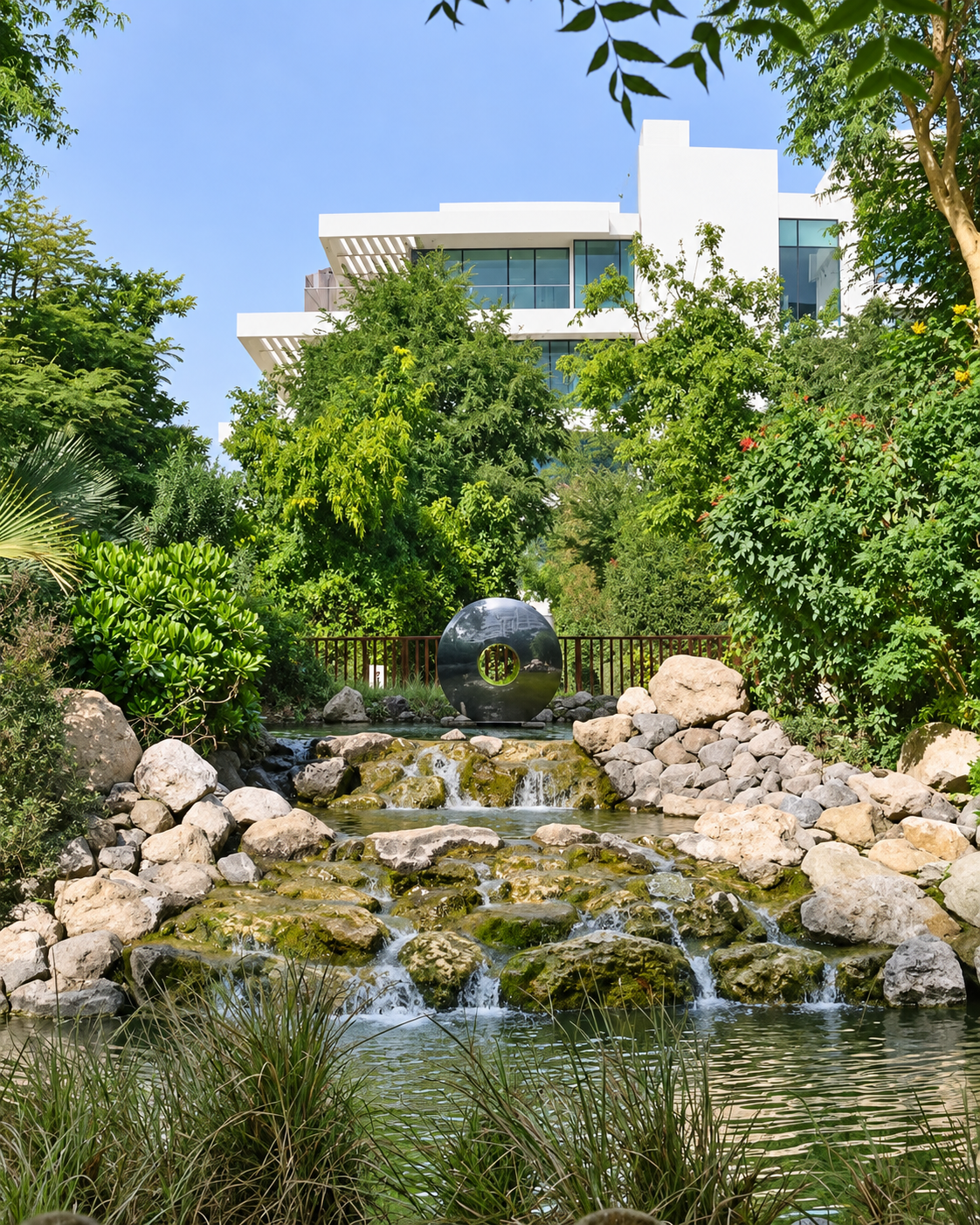 Modern House with Garden Pond and Landscaping upscale at Al Barari Dubai Modern white house with terrace visible behind lush green vegetation, ornamental black sphere, and pond with rocks in Al Barari Dubai