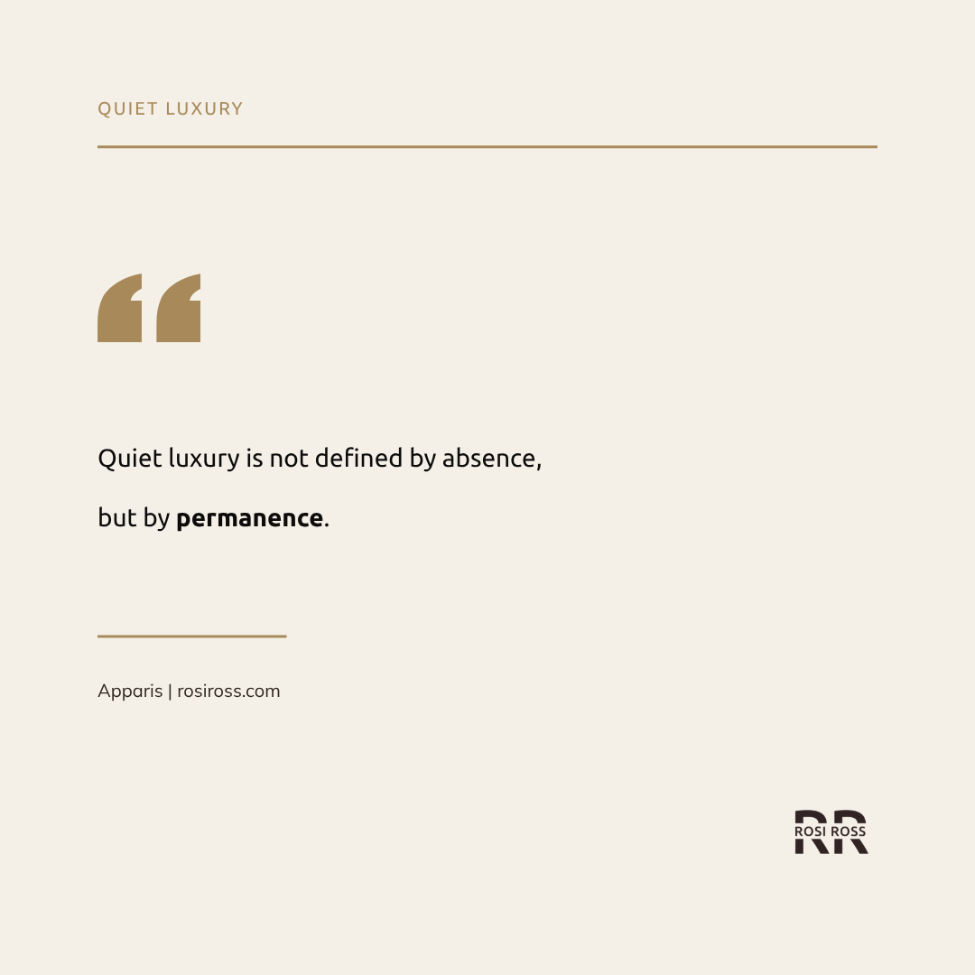 Minimalist luxury quote graphic highlighting principles of quiet luxury and timeless wardrobe philosophy by Rosi Ross Minimalist luxury quote graphic highlighting principles of quiet luxury and timeless wardrobe philosophy by Rosi Ross